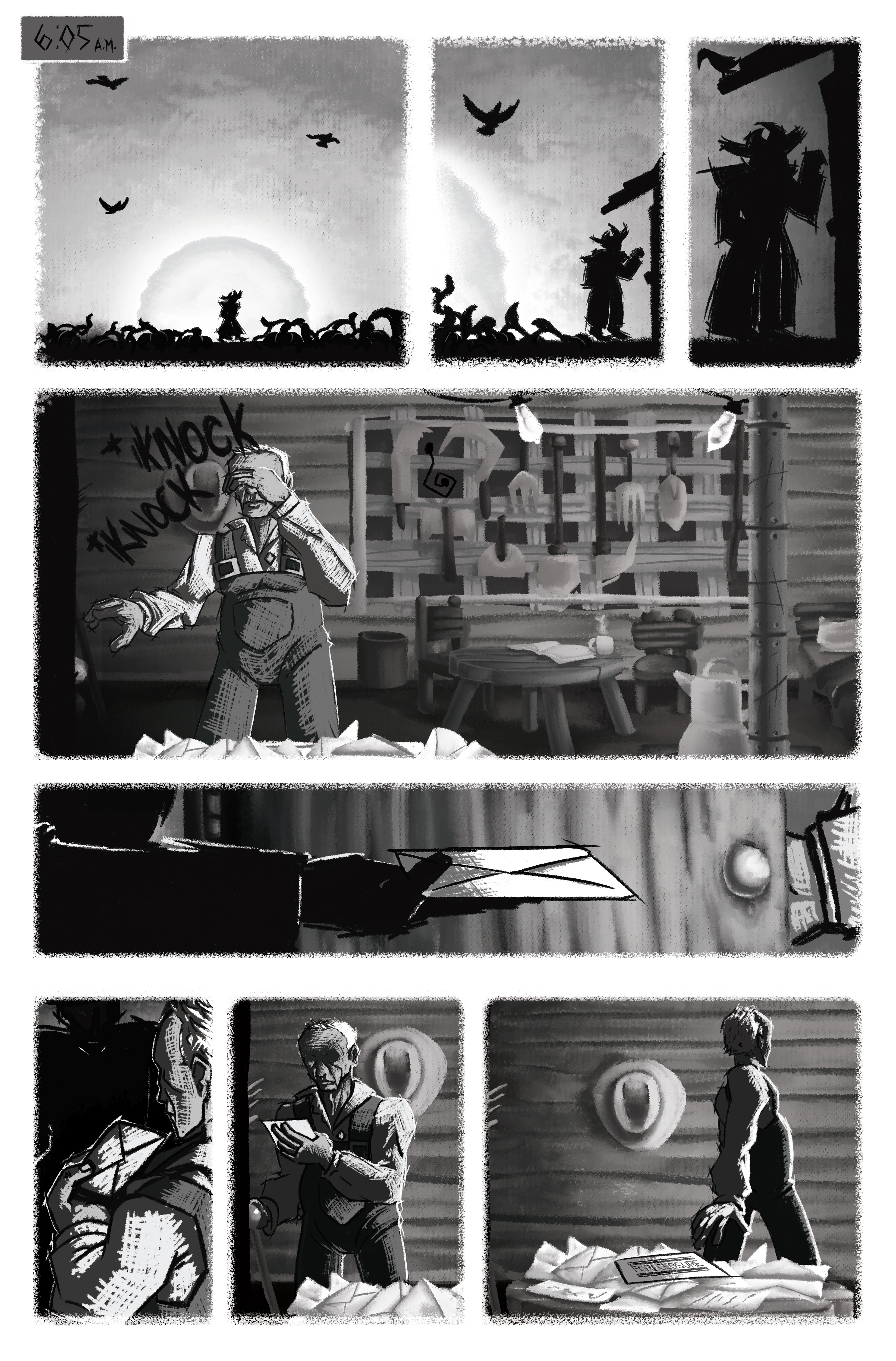 Page 1 for a horror comic adapted from a screenplay written by Anthony A. Labriola and Stephen R. Shilling II. Illustrated in Photoshop. (2023)
