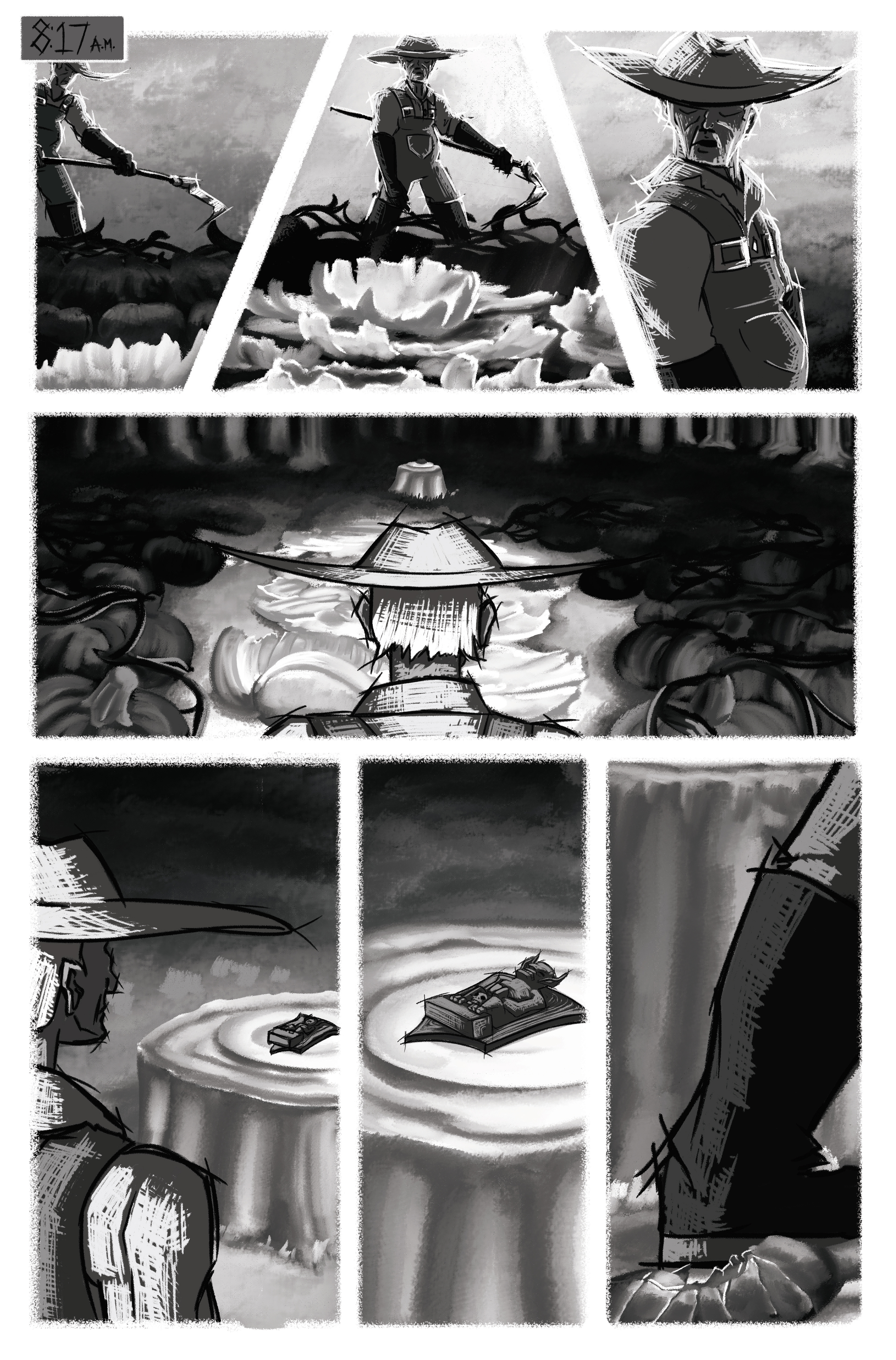 Page 5 for a horror comic adapted from a screenplay written by Anthony A. Labriola and Stephen R. Shilling II. Illustrated in Photoshop. (2023)