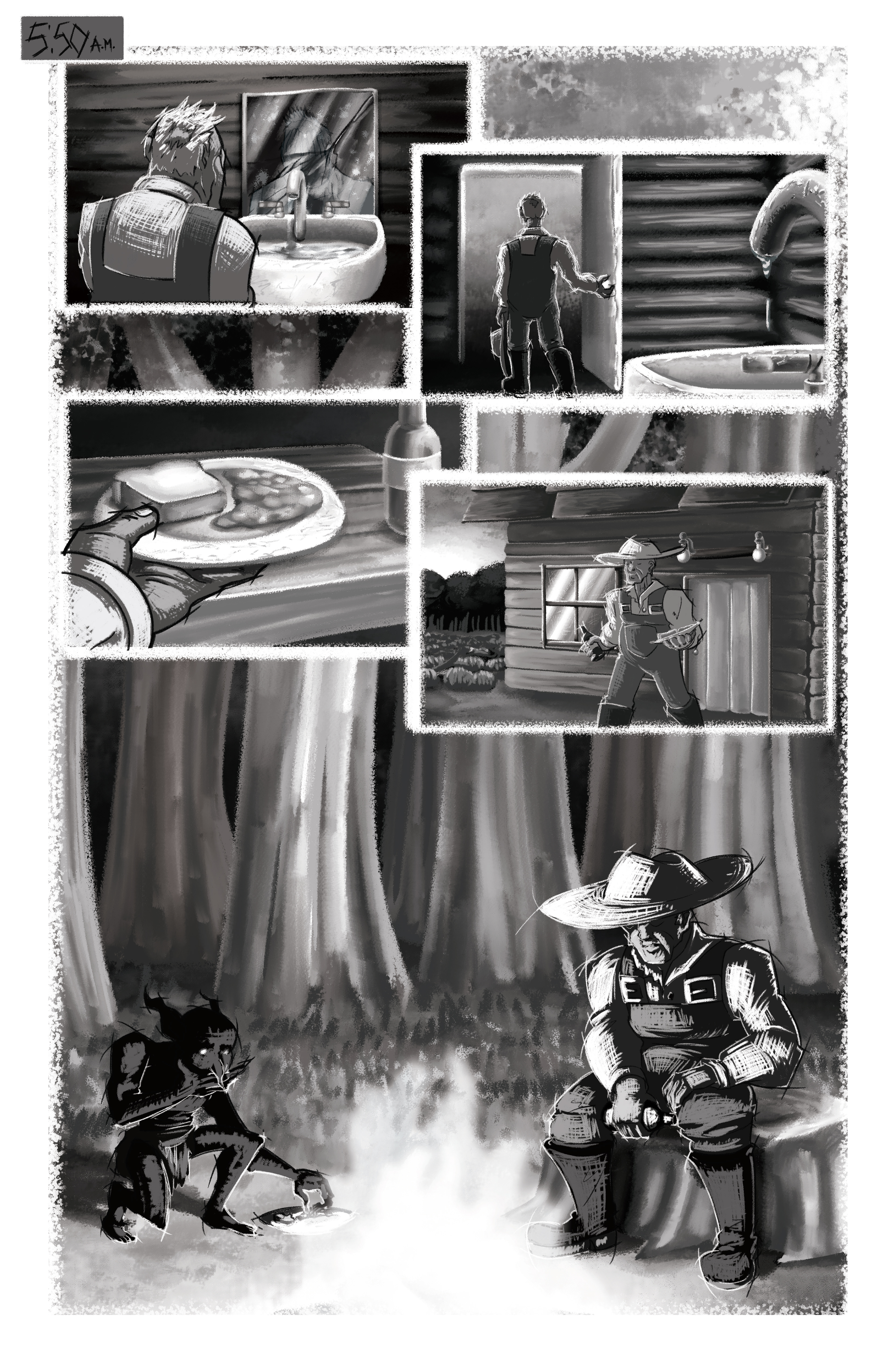 Page 10 for a horror comic adapted from a screenplay written by Anthony A. Labriola and Stephen R. Shilling II. Illustrated in Photoshop. (2023)