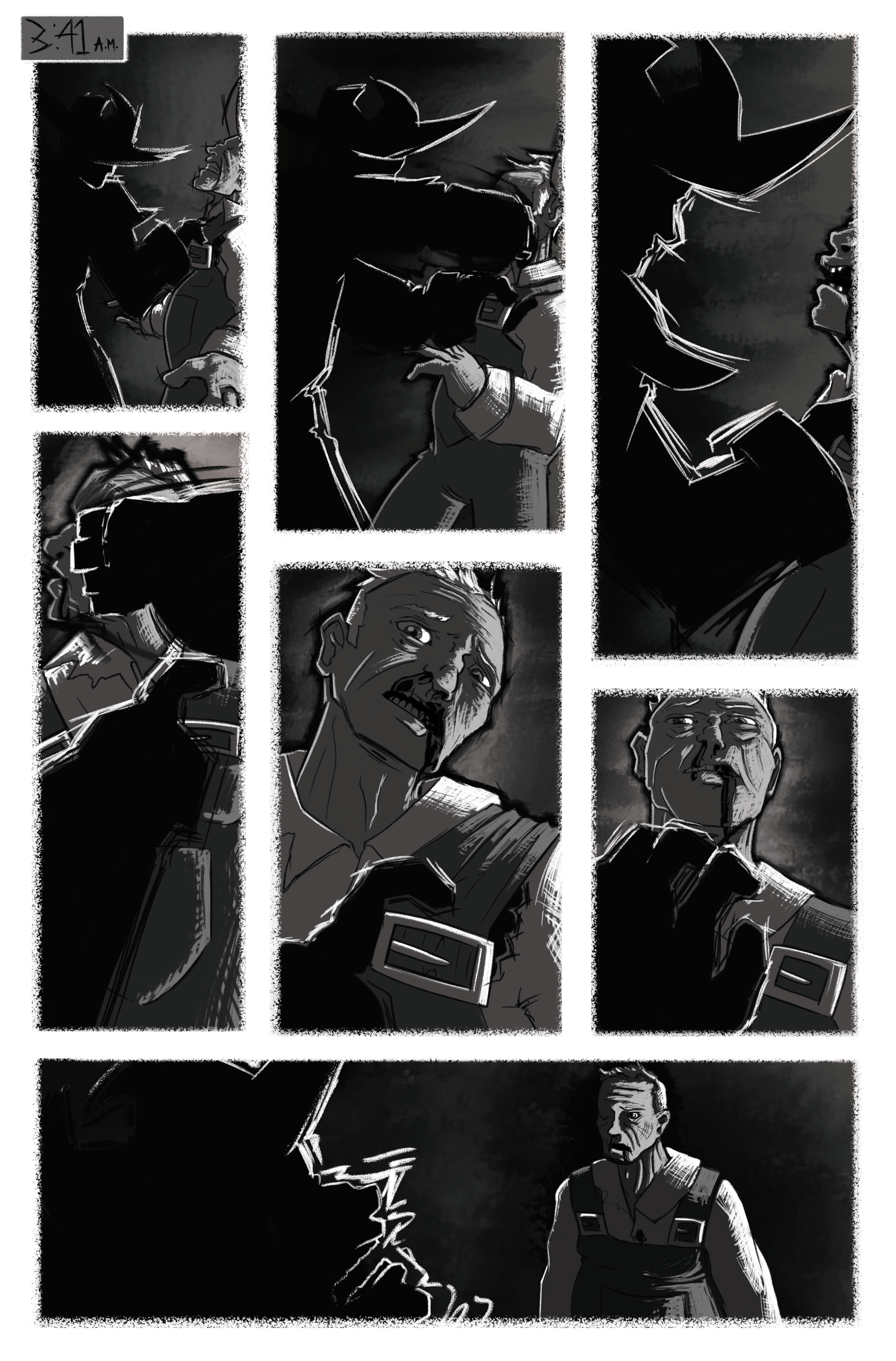 Page 8 for a horror comic adapted from a screenplay written by Anthony A. Labriola and Stephen R. Shilling II. Illustrated in Photoshop. (2023)