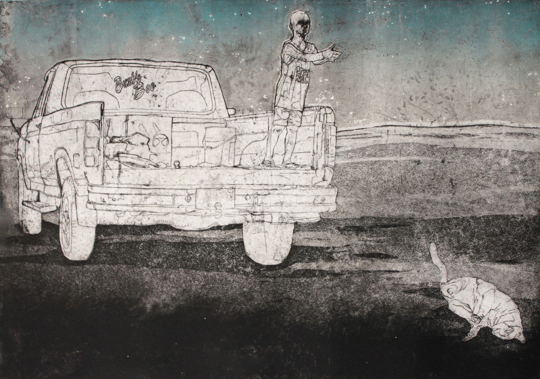 Drag, 2012, etching and aquatint with relief roll, 16in x 24in