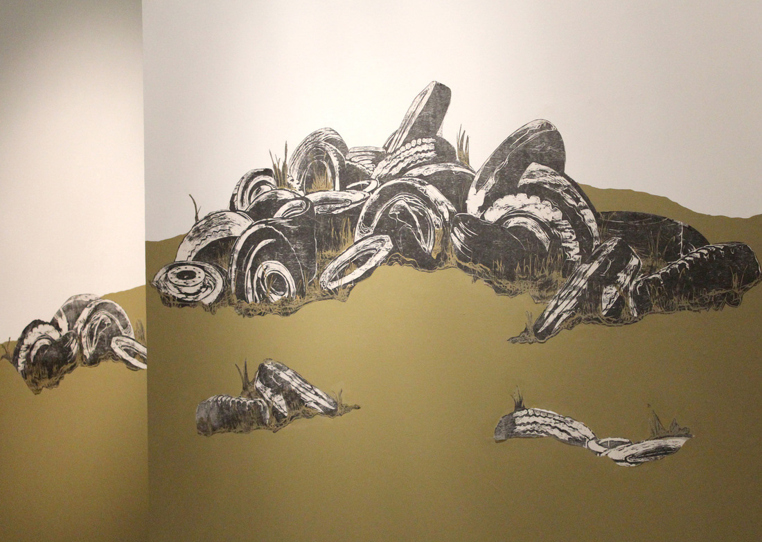 Up Like Weeds (installation view), 2012, relief print on cut paper and paint on wall, approx. 6ft x 14ft
