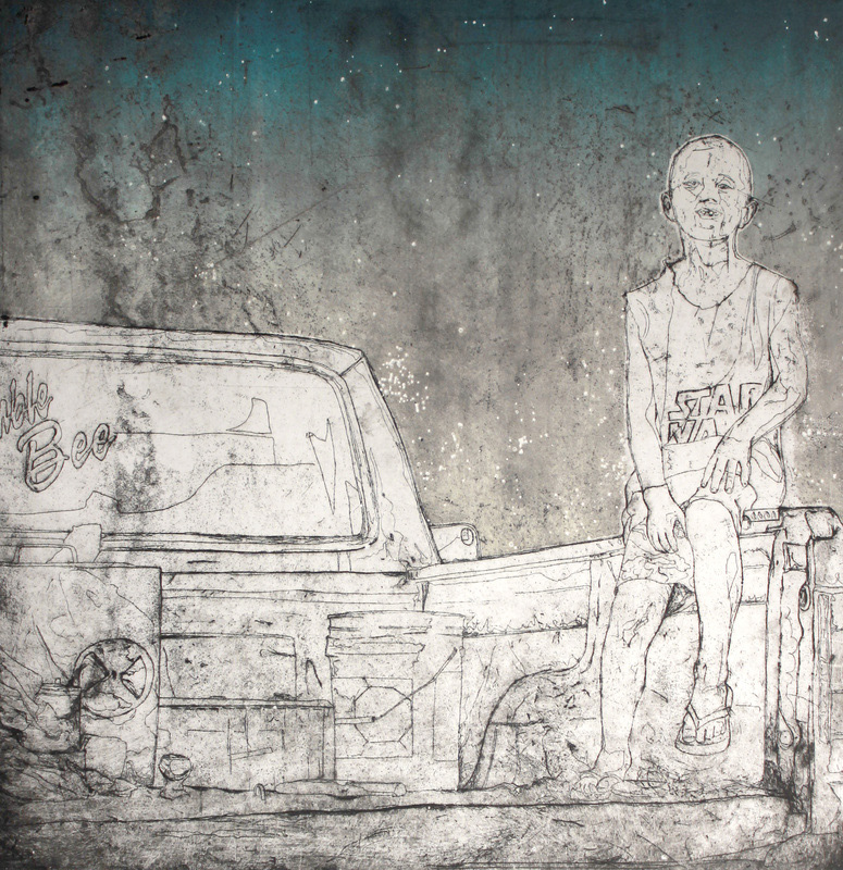 Down, 2012, etching and aquatint with relief roll, 17in x 17in