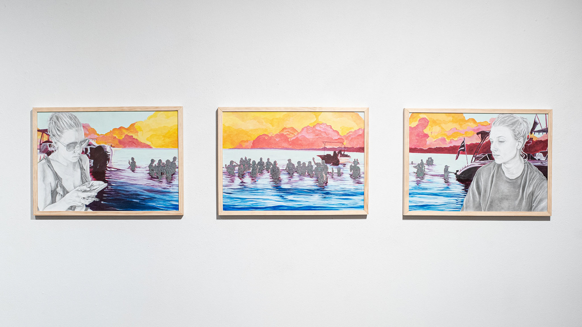 (the) Last Summer, 2021, graphite, acrylic, and heat transfer foil on board, triptych, each 17in x 24in