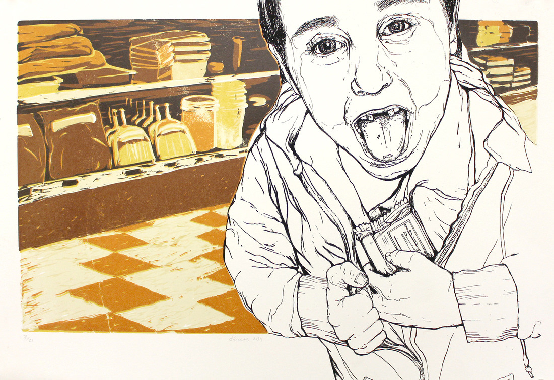 Minor Infractions, 2011, reductive relief and silkscreen, 15in x 22in