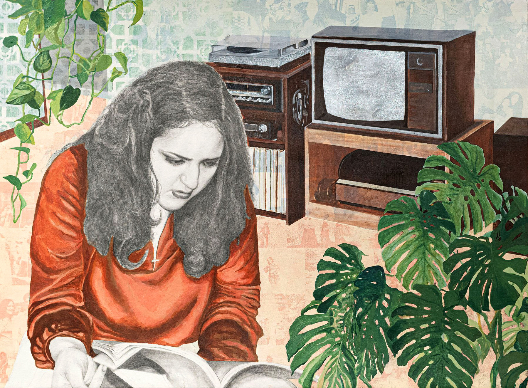 Nothing Like a Good Book, 2024, graphite, acrylic, and silkscreen on paper, 22in x 30in