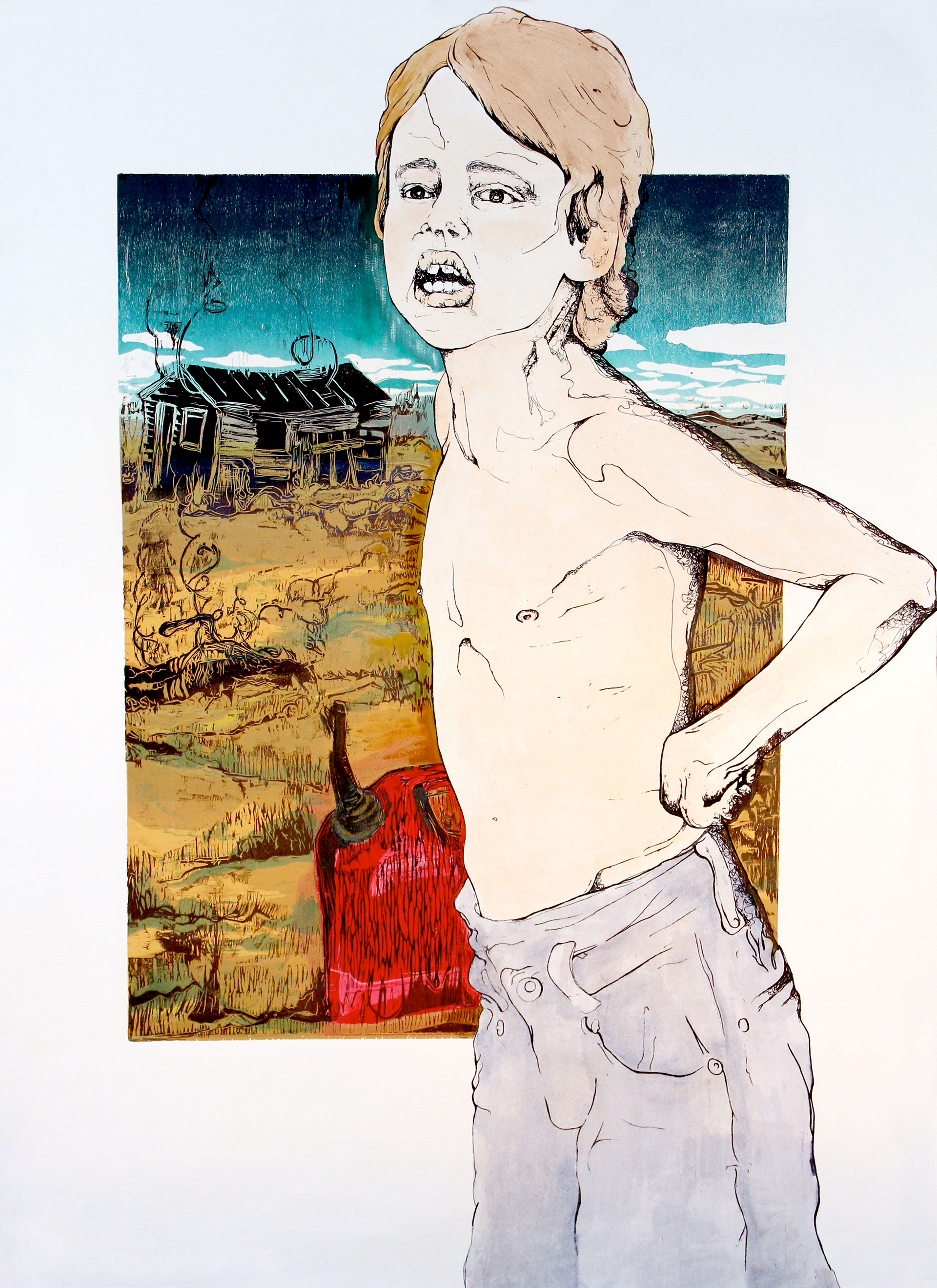 Smolder, 2011, reductive woodcut and silkscreen, 44in x 30in, 2010