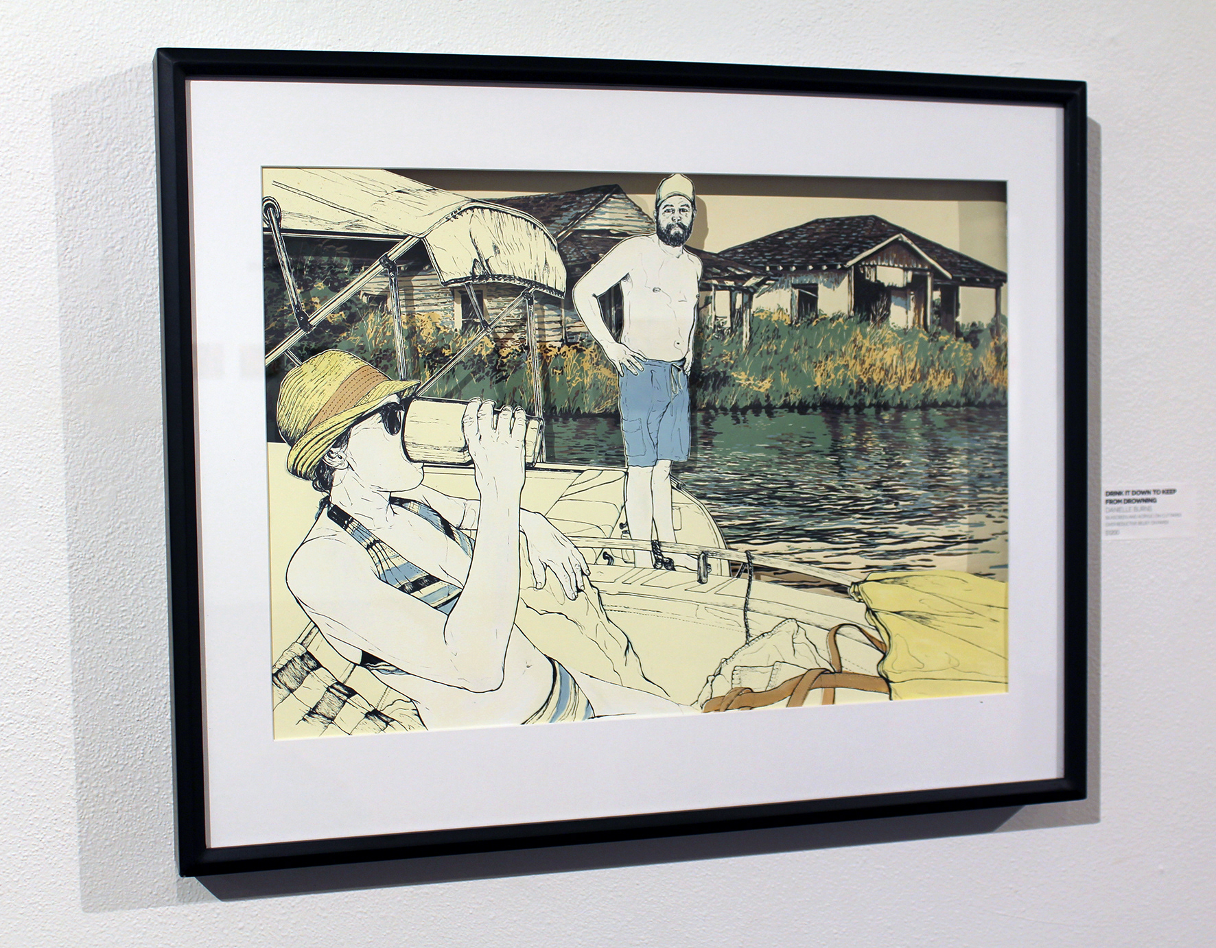 Drink it Down to Keep from Drowning (gallery view), 2019, reductive relief and silkscreen with handcut paper, 18in x 25in