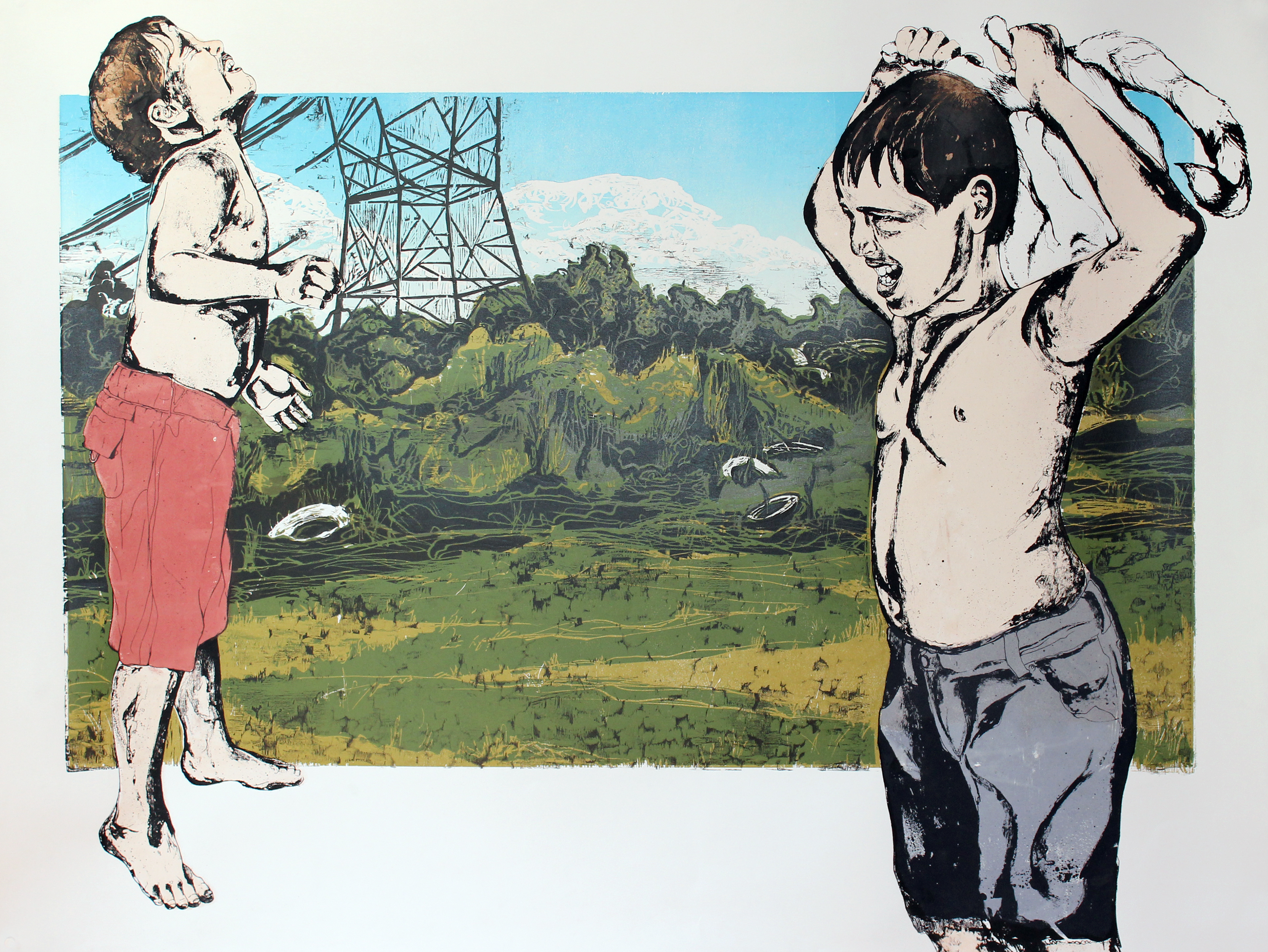 Execute, 2012, reductive woodcut and silkscreen 34in x 48in