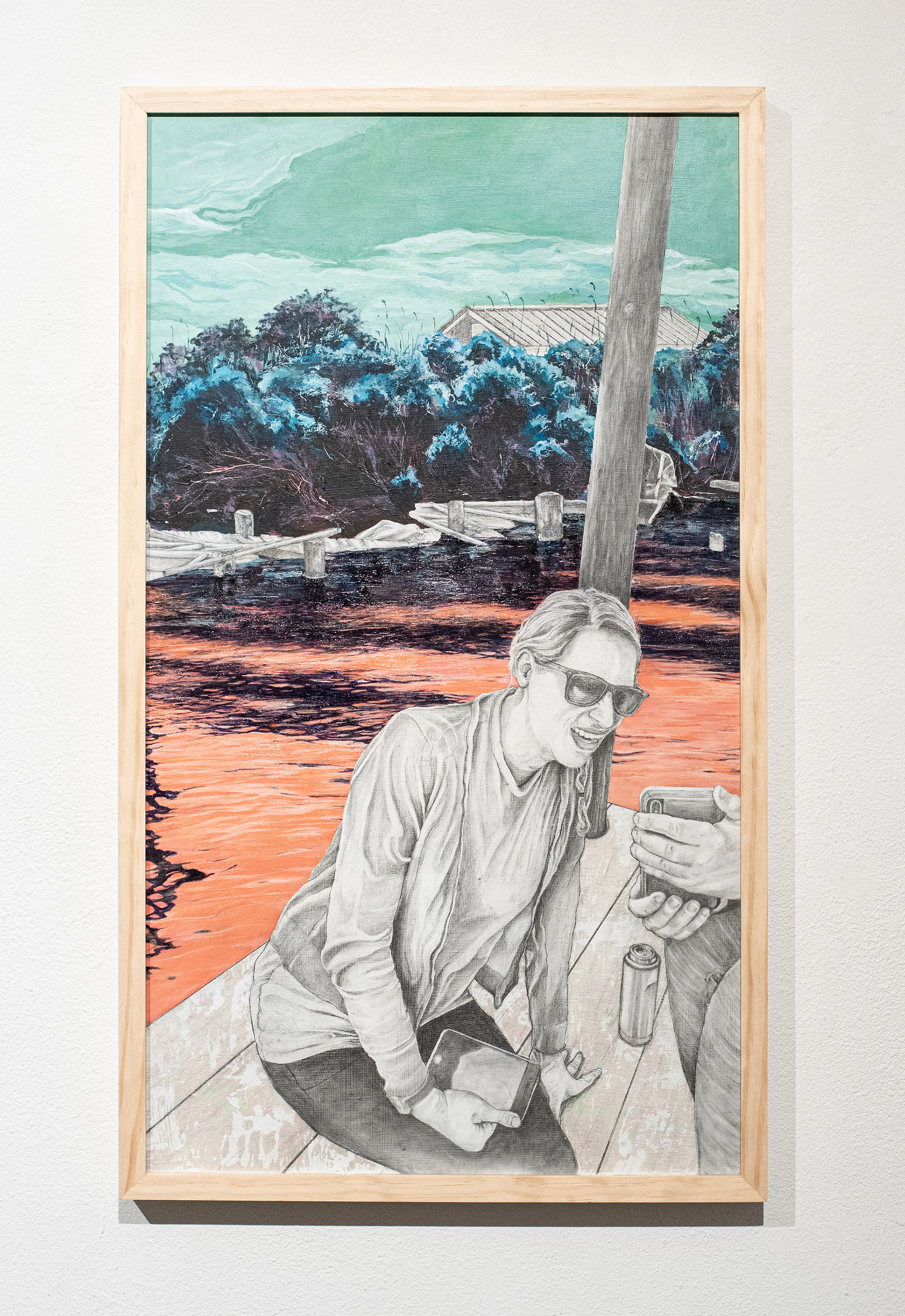 In The Overlook, 2021, graphite, acrylic, and heat transfer foil on board, 30in x 17in