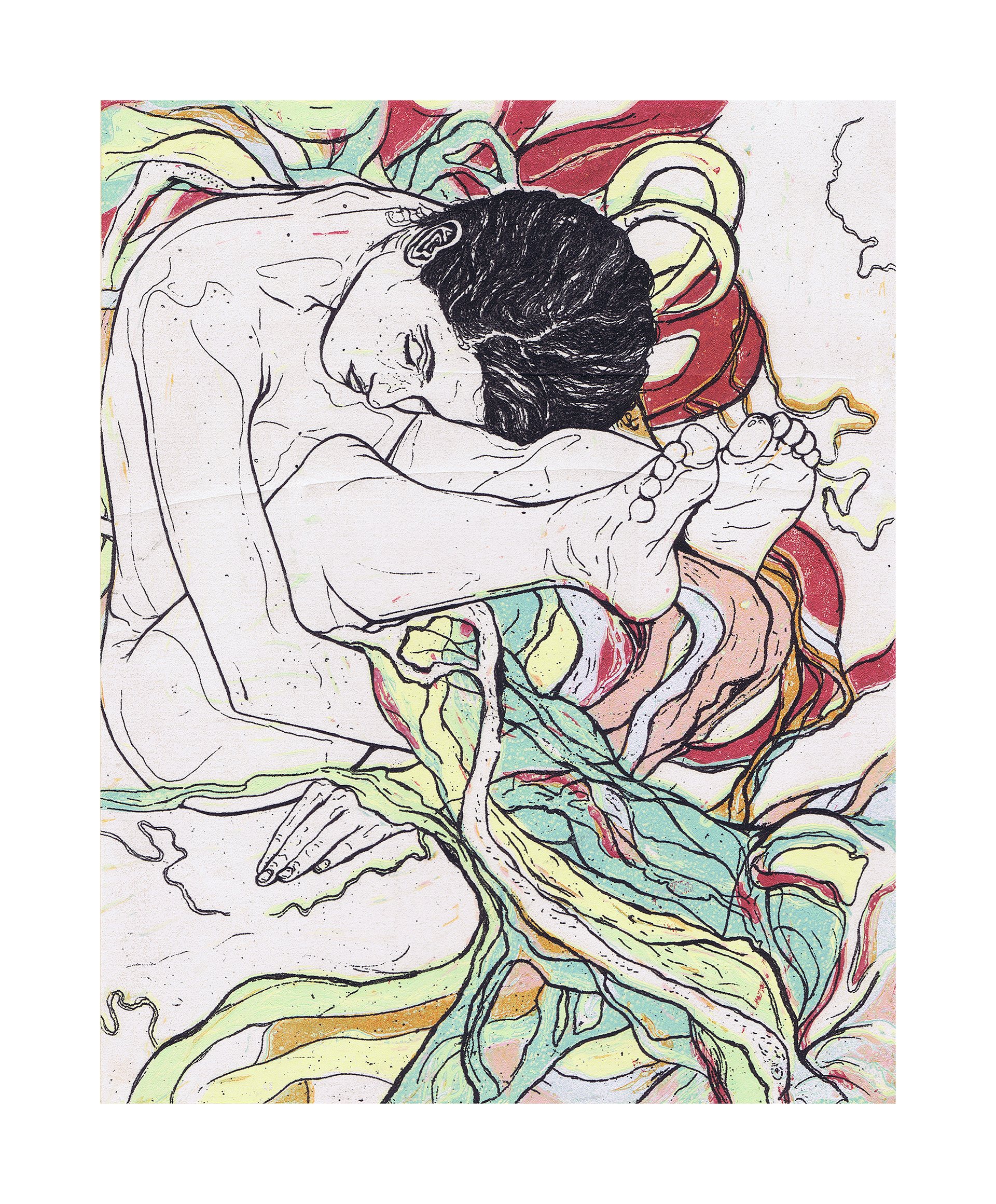 Meandering, 2017, reductive relief and silkscreen with chine-colle, 10in x 8in