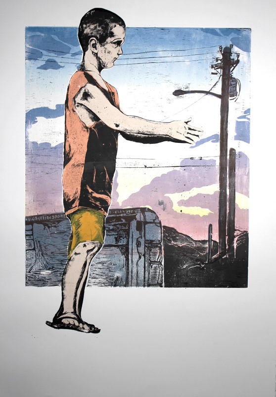 Dangle, 2012, reductive woodcut and silkscreen with attached woodcut matrix, 44in x 30in