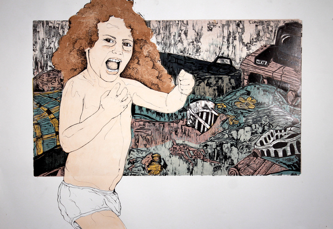 Startle, 2012, reductive woodcut and silkscreen, 30in x 44in