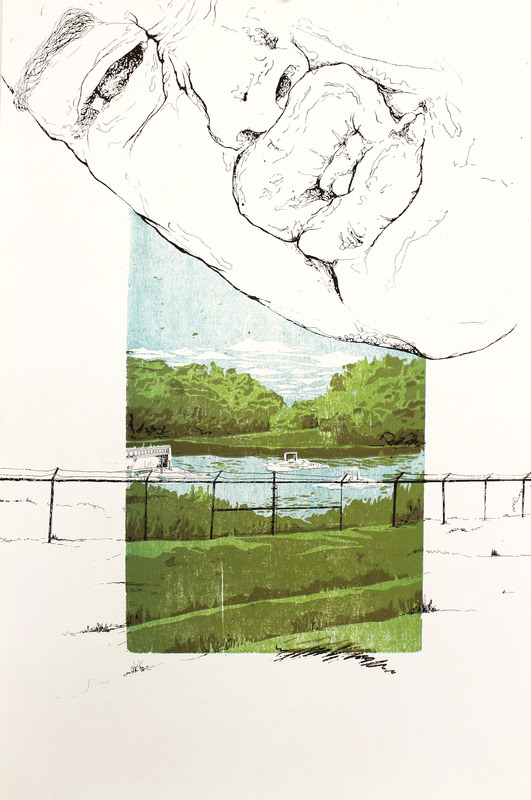 Whiffs Downstream, 2011, reductive relief and silkscreen, 22in x 15in
