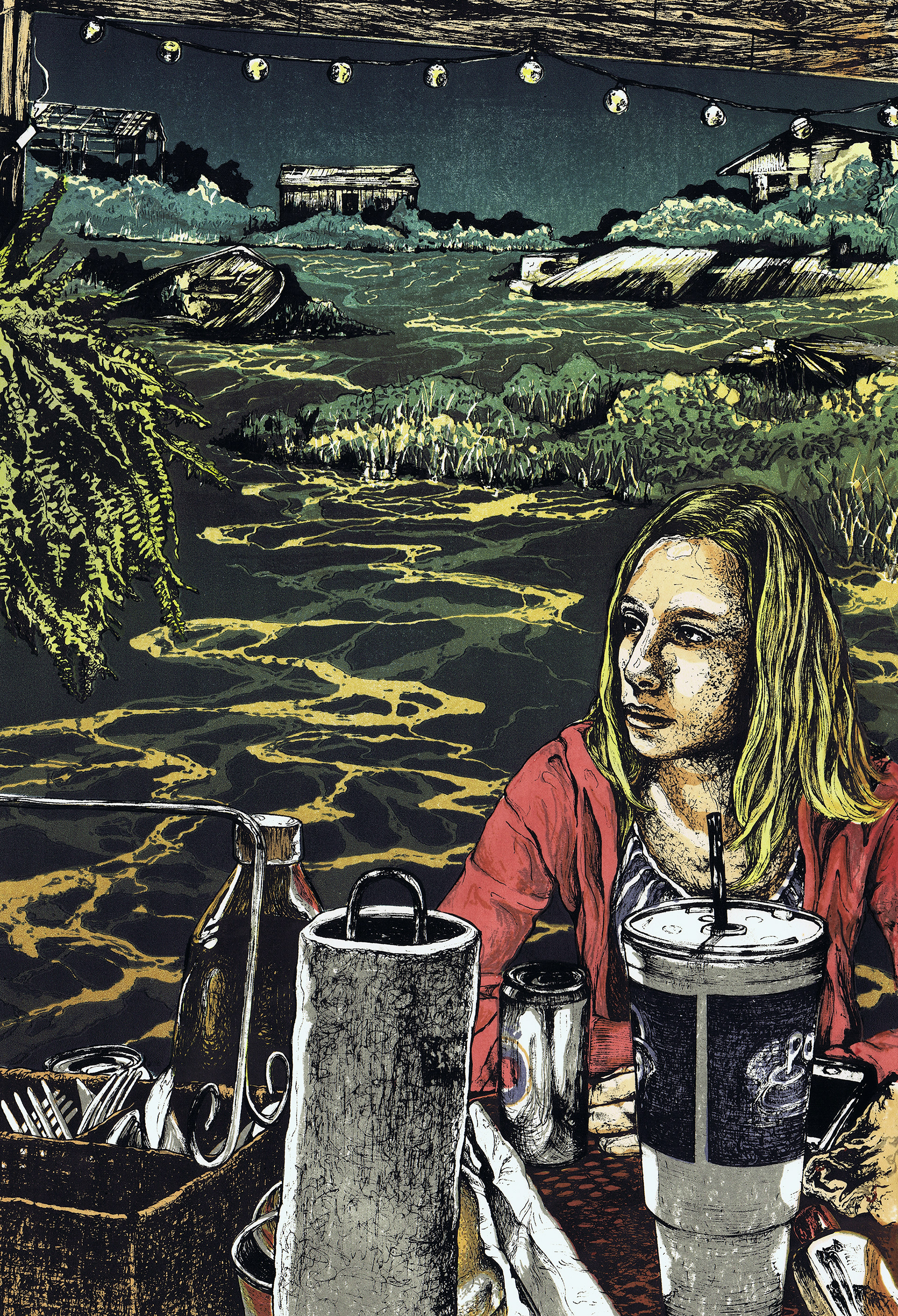 Thunder at the Picnic, 2018, reductive relief and silkscreen, 20in x 14in