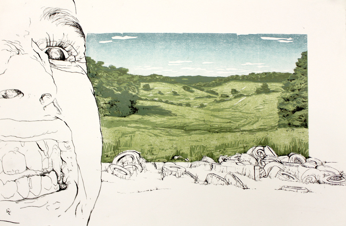 Dump Zoned, 2011, reductive relief and silkscreen, 15in x 20in