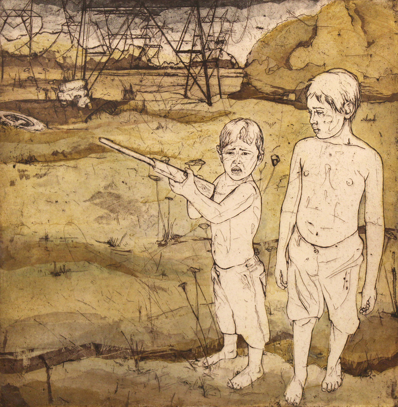 Think, 2012, 2-plate etching and aquatint with watercolor, 15in x 15in
