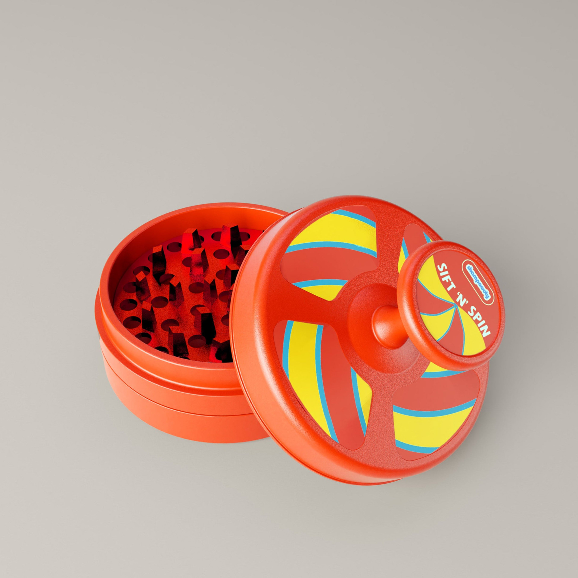 Sift n Spin Grinder  2.5 x 2.5 x 3 in, machined aluminum,  mass produced collectible