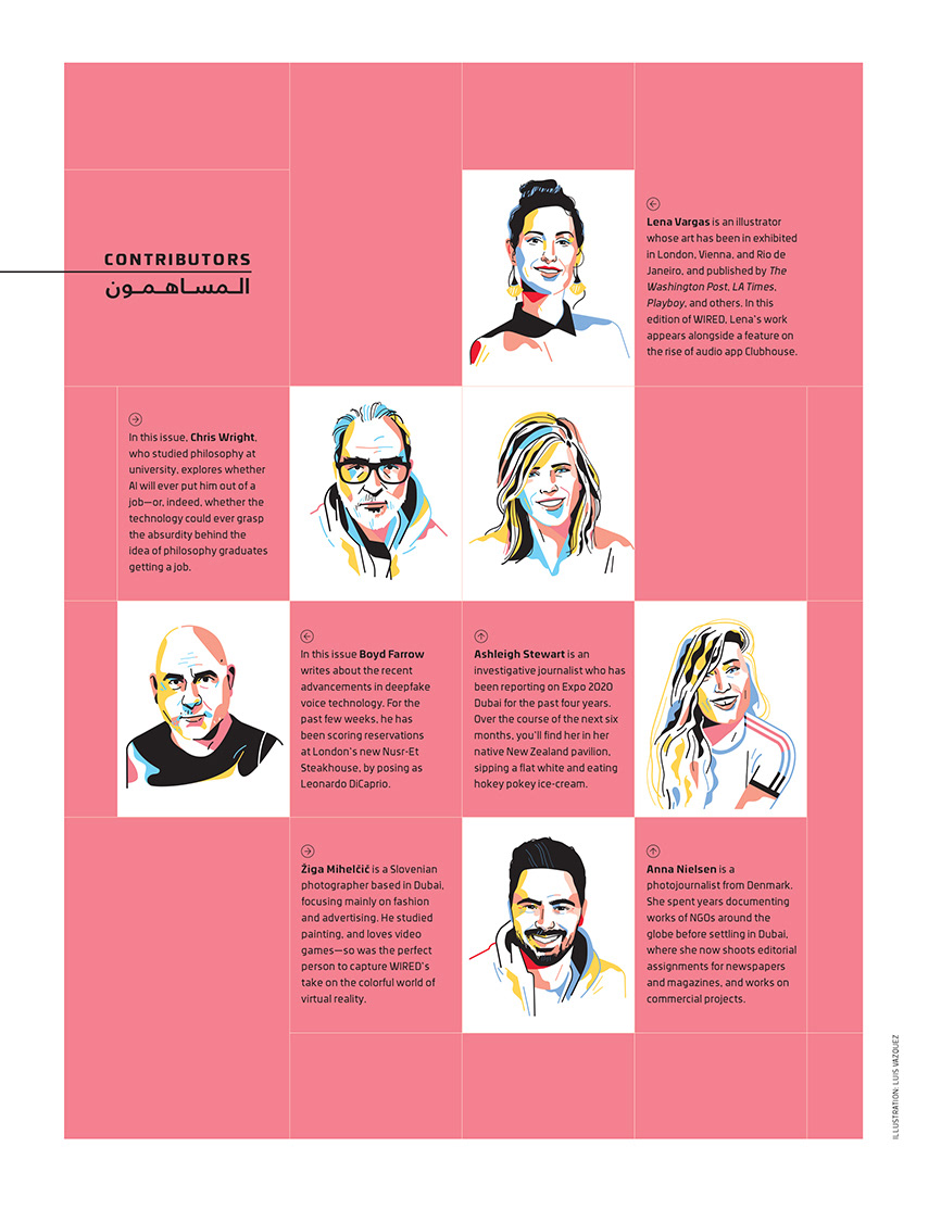 Contributors page. Luis Vazquez illustrations