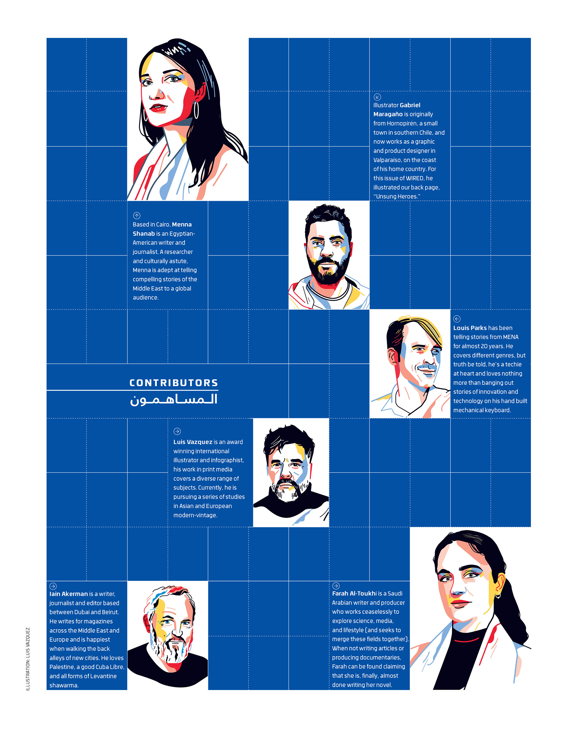 Contributors page. Luis Vazquez illustrations