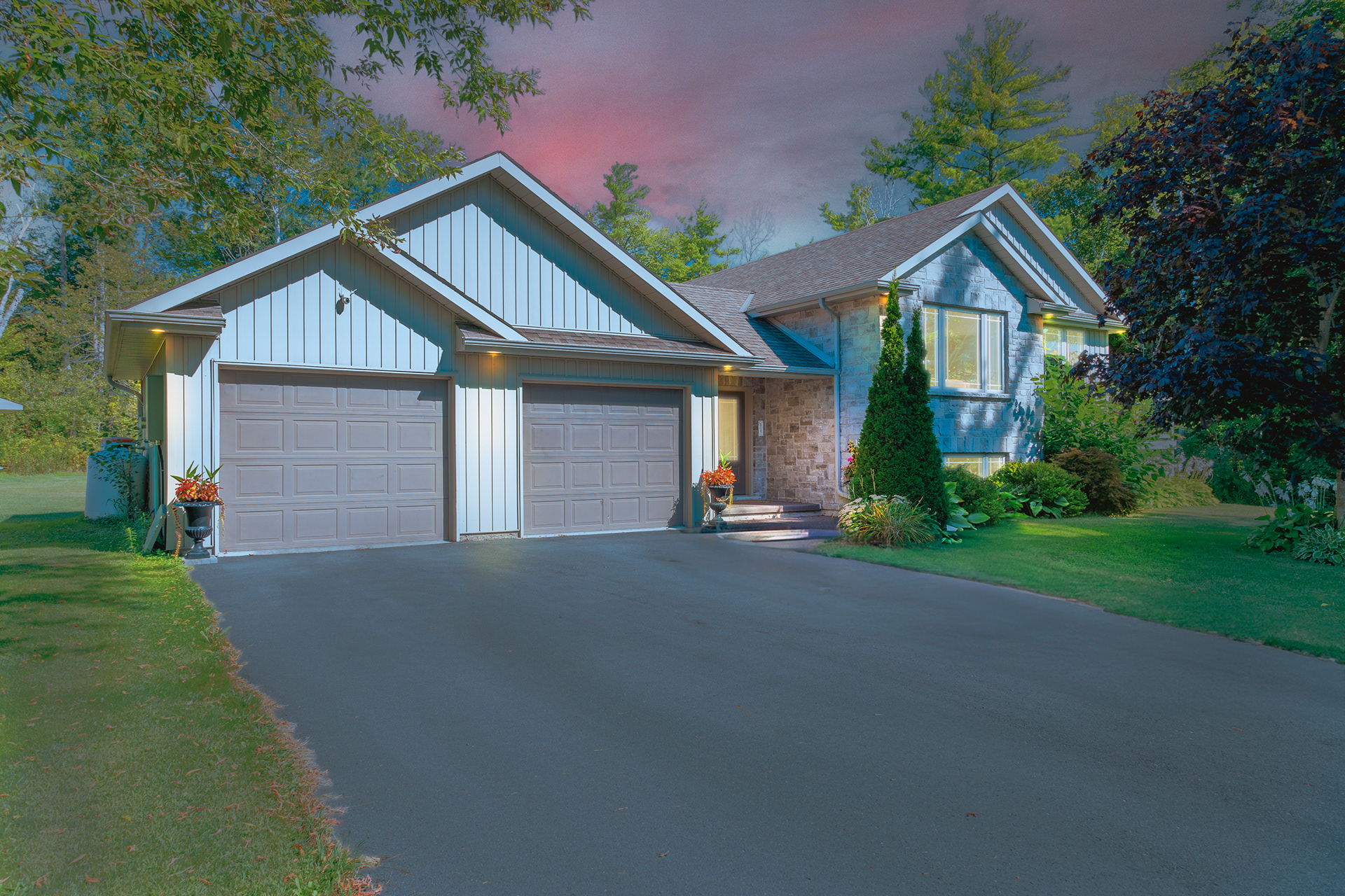 Virtual twilight edit of Brighton home showing moody sky and exterior lighting enhancements