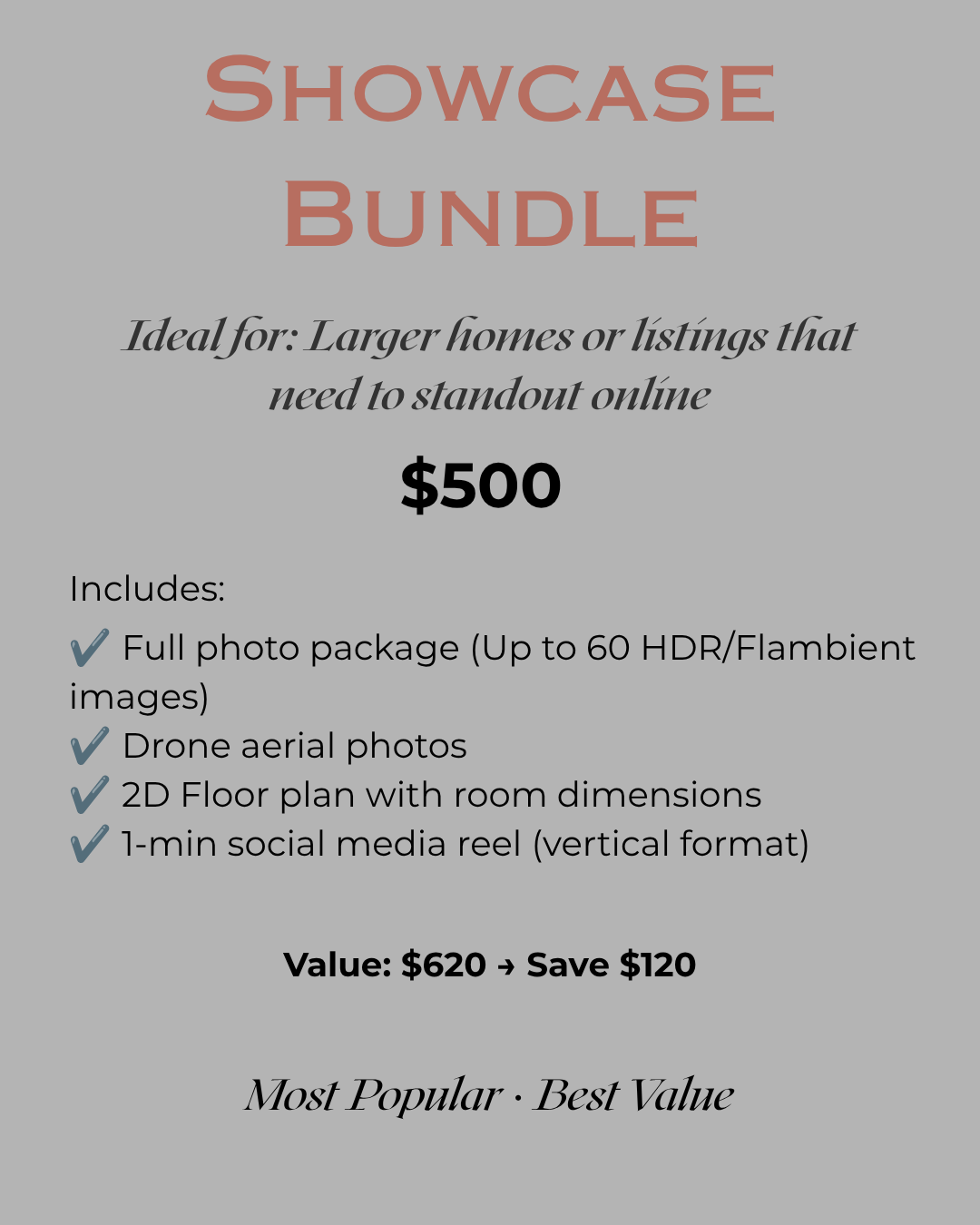 Perfect for listings that need a strong online presence. Full photo coverage, drone, floor plan, and social-ready video.