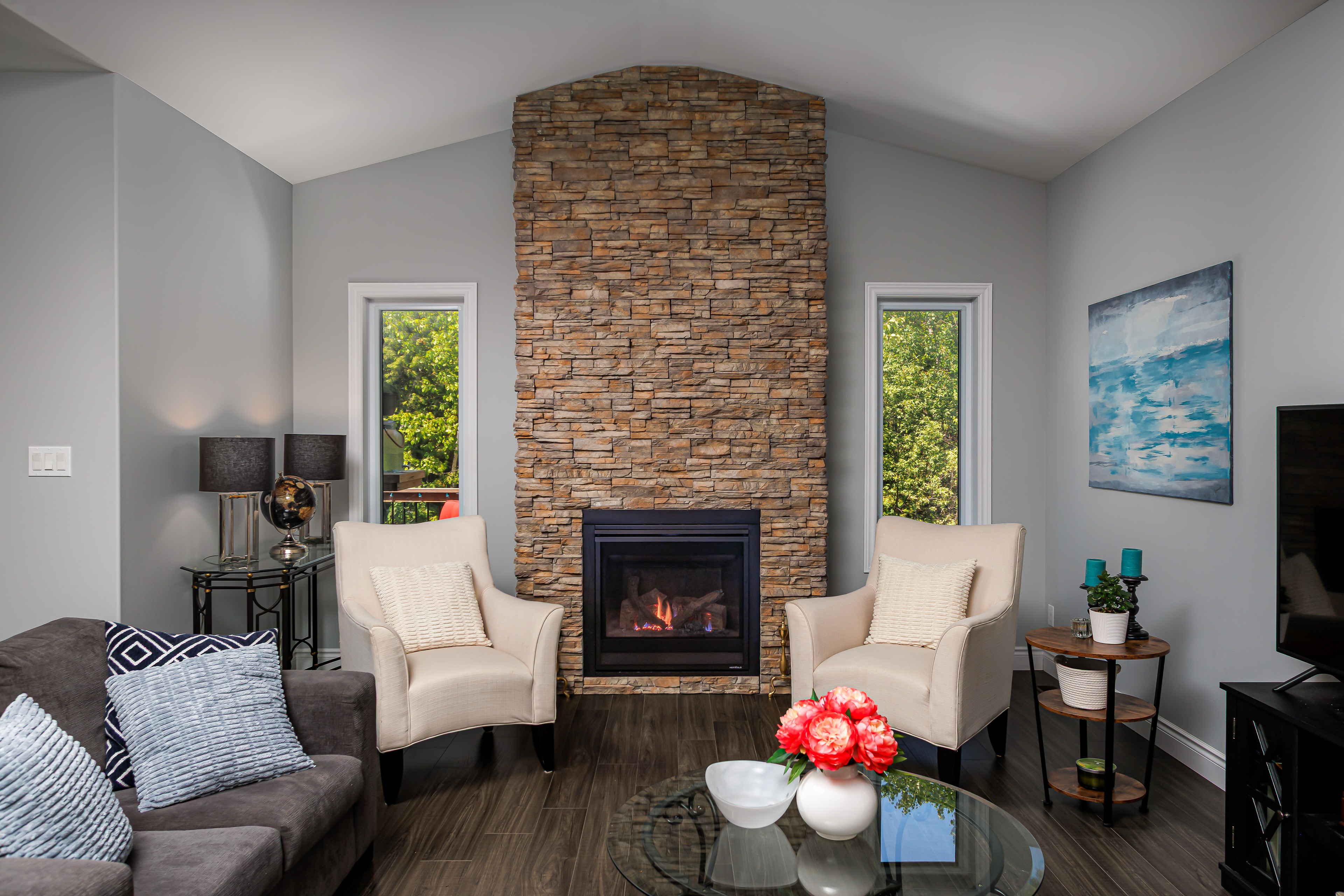 Natural light highlights the texture, symmetry, and architectural character of this contemporary living space.