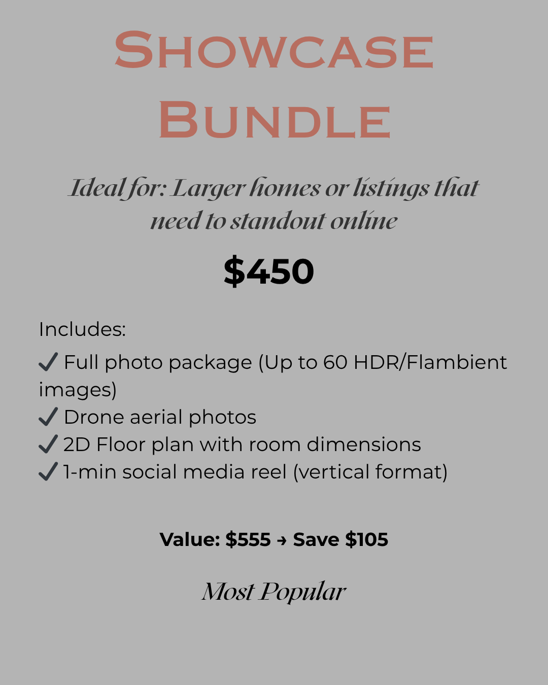 Perfect for listings that need a strong online presence. Full photo coverage, drone, floor plan, and social-ready video.