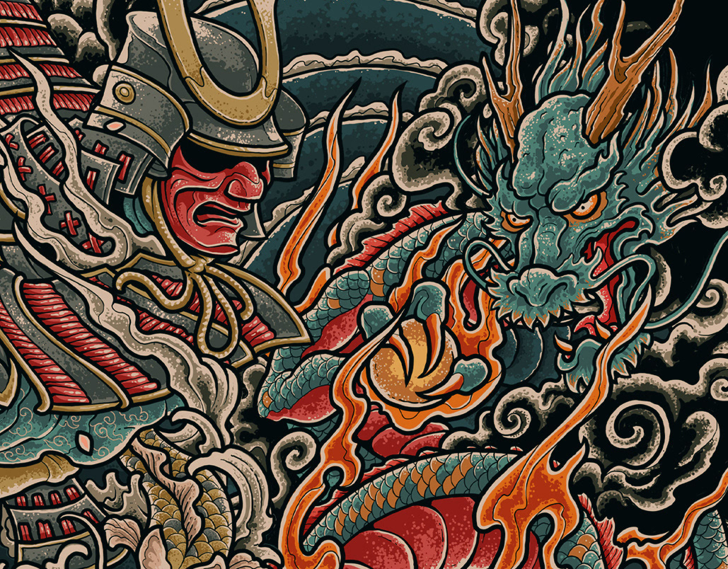 japanese art samurai dragon