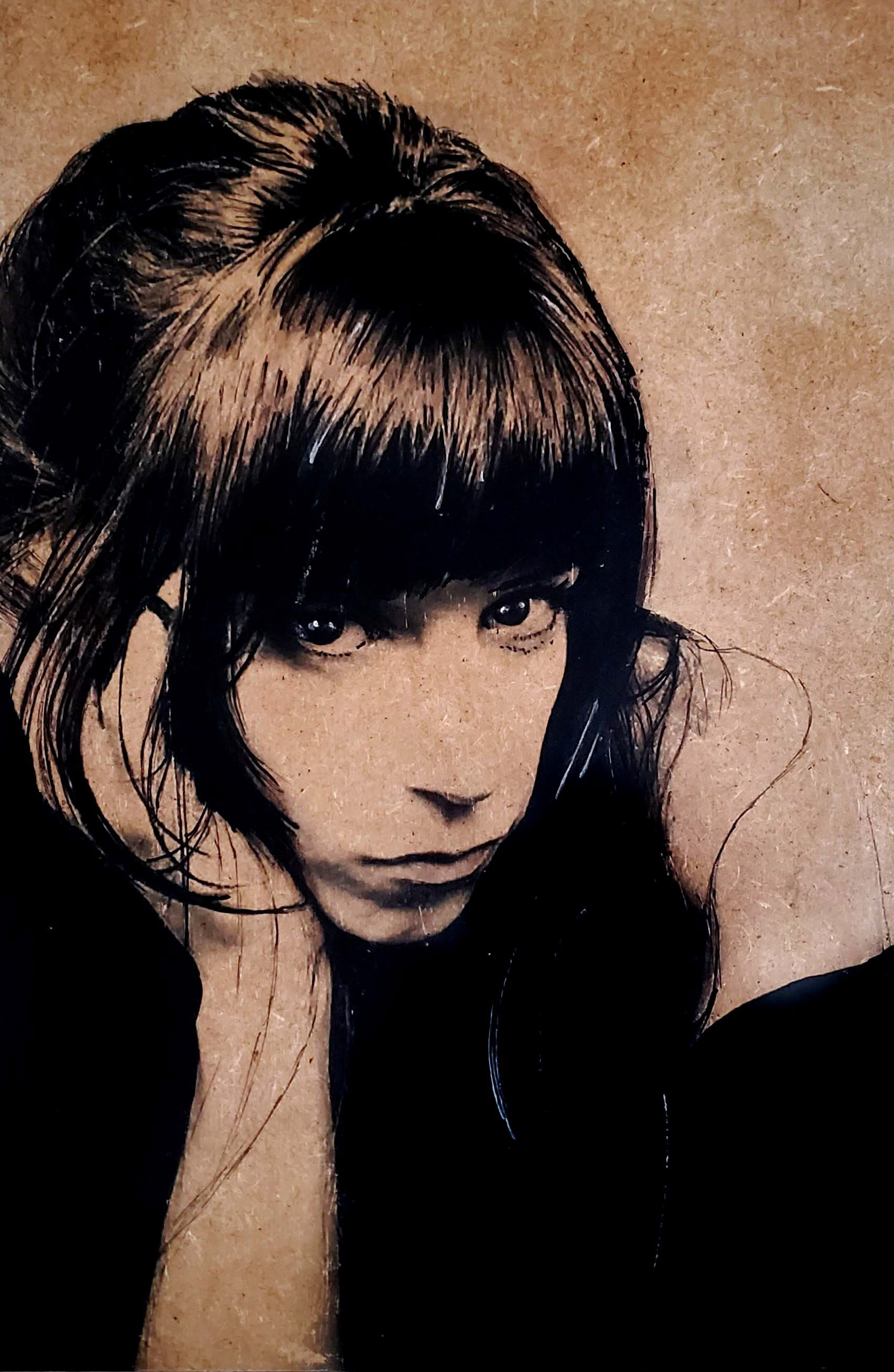 Autoportrait sur bois, réalisé par Rachel Volery, Graphiste à Genève