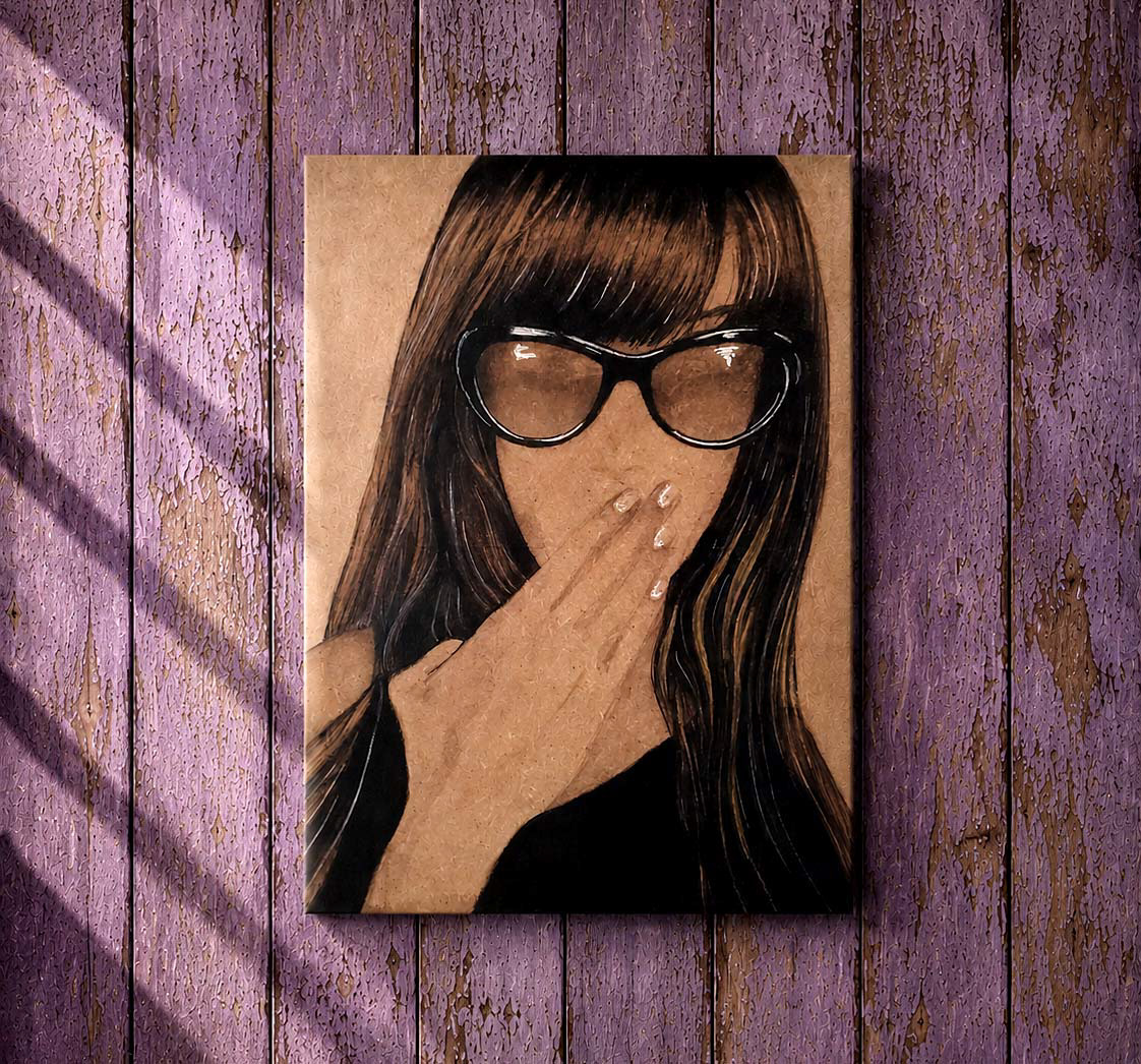Autoportrait sur bois, réalisé par Rachel Volery, Graphiste à Genève