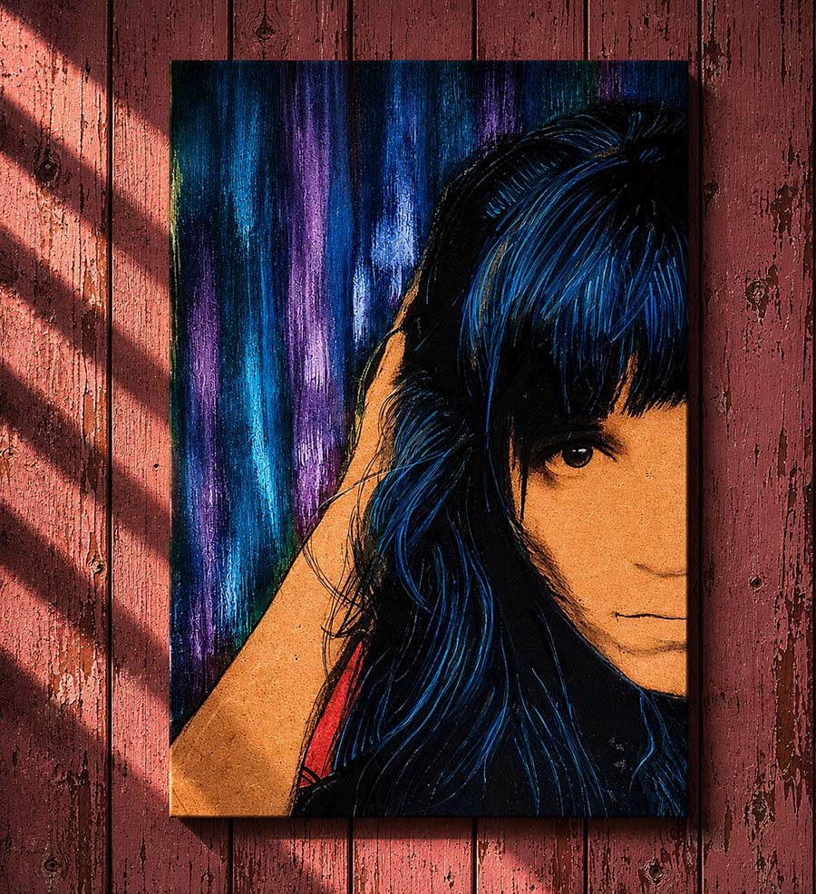 Autoportrait sur bois, réalisé par Rachel Volery, Graphiste à Genève
