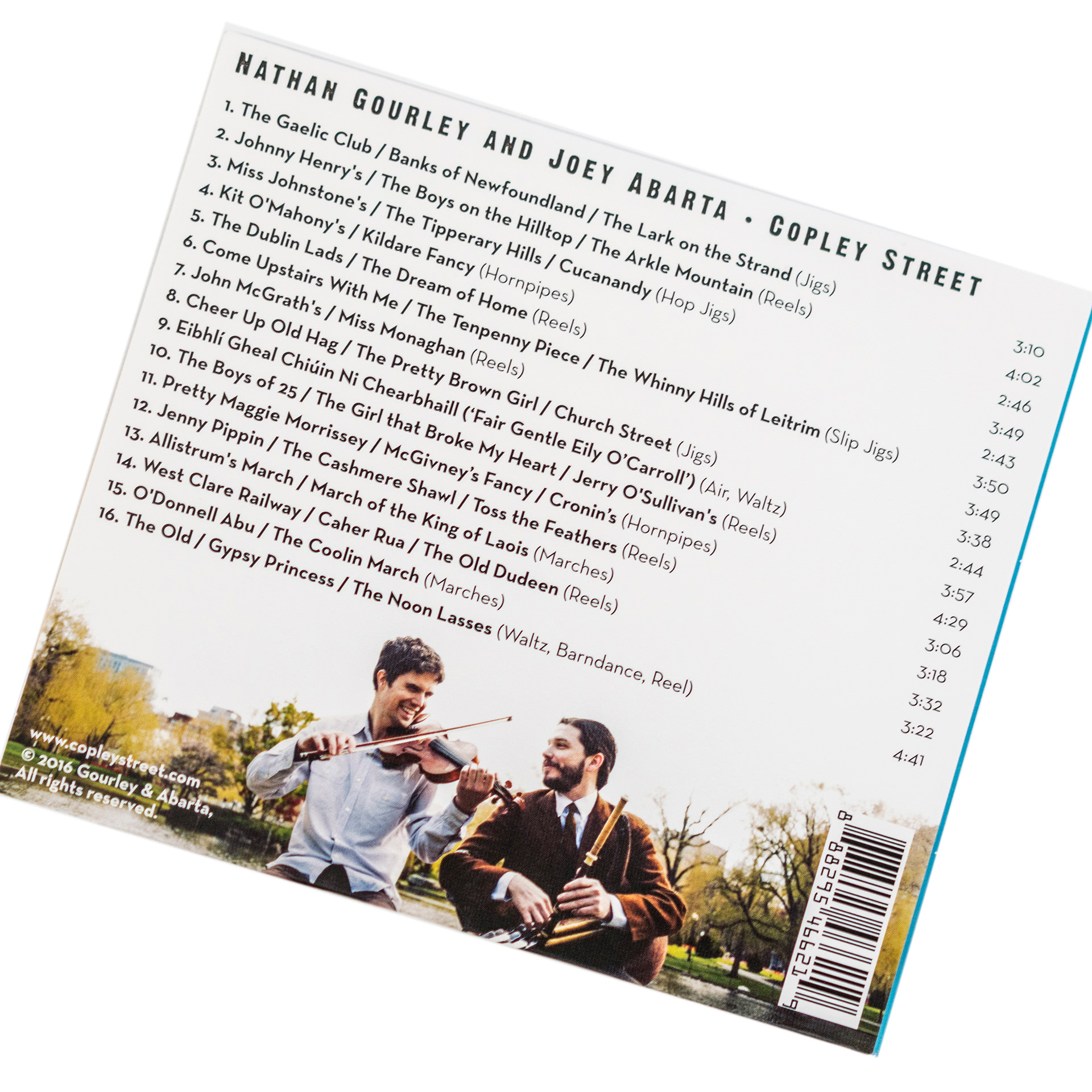 Nathan Gourley and Joey Abarta's "Copley Street." Joey and Nathan commissioned an original paper cut of their house on Copley Street, which we scanned and colored for the cover of this album, giving it a homemade feel. I used an antique map of their neighborhood in Boston as a background image for the liner notes inside.