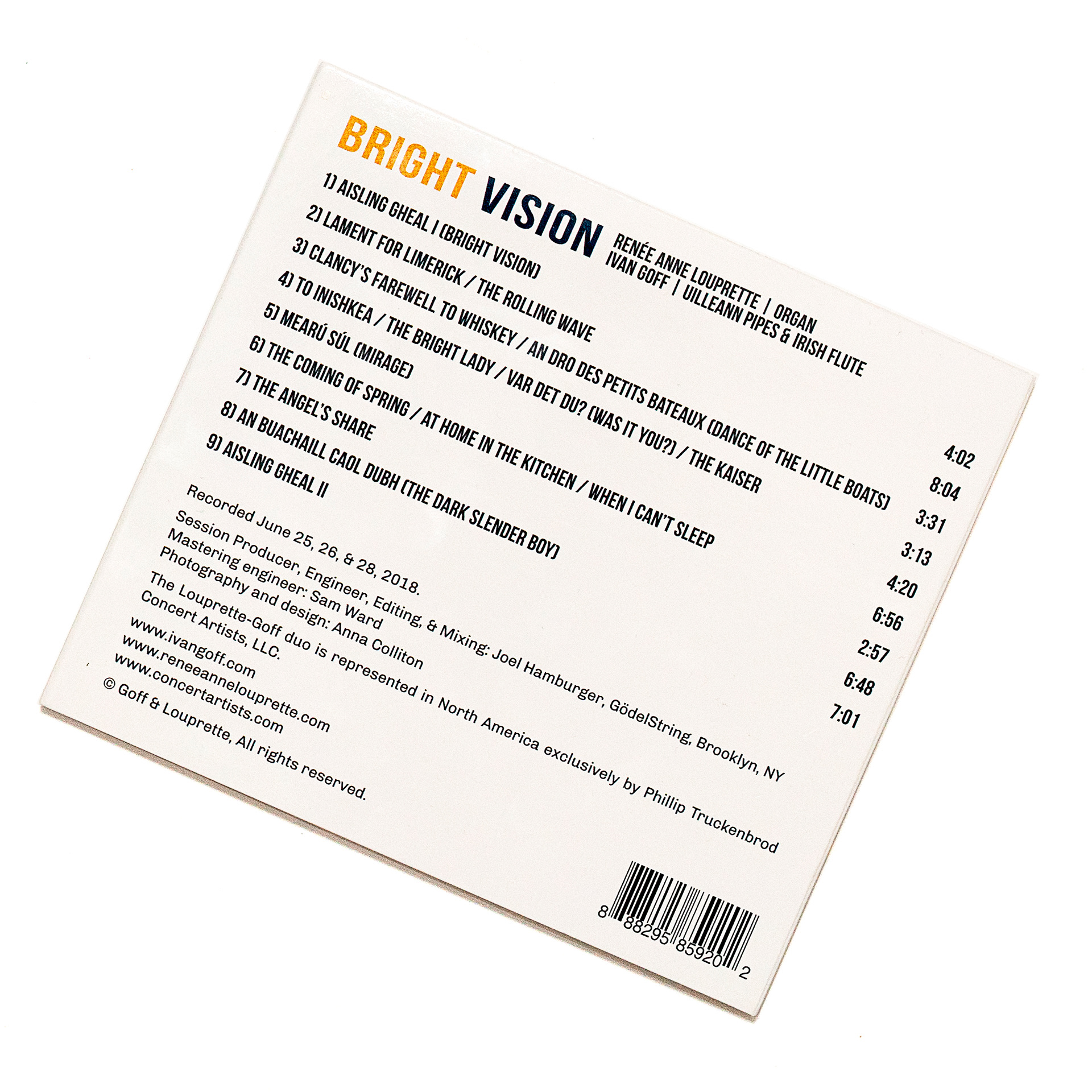 Ivan Goff and Renee Anne Louprette's "Bright Vision." This recording features uilleann pipes and pipe organ, making it pretty difficult to represent visually in a literal fashion. Ivan and Renee wanted something bold and modern to reflect the innovative nature of their project.