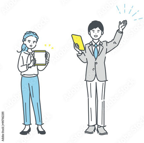 提案する2人のビジネスパーソンの全身イラスト素材