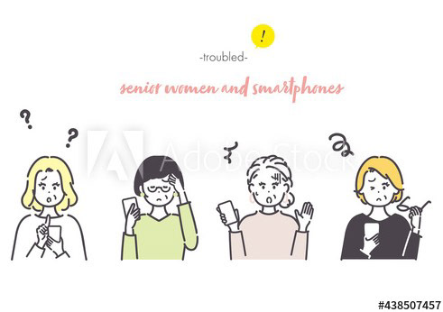 スマートフォンを使うシニア女性とトラブルのイラスト素材