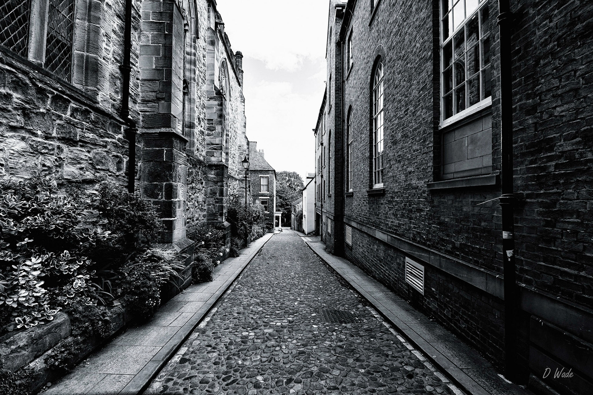 A wide angle shot of Bow Lane in Durham City.