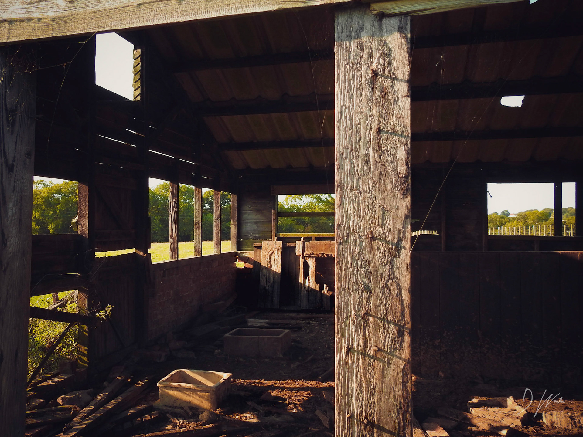 The various parts of the structure cast their own unique light and shadow throughout the derelict barn.
