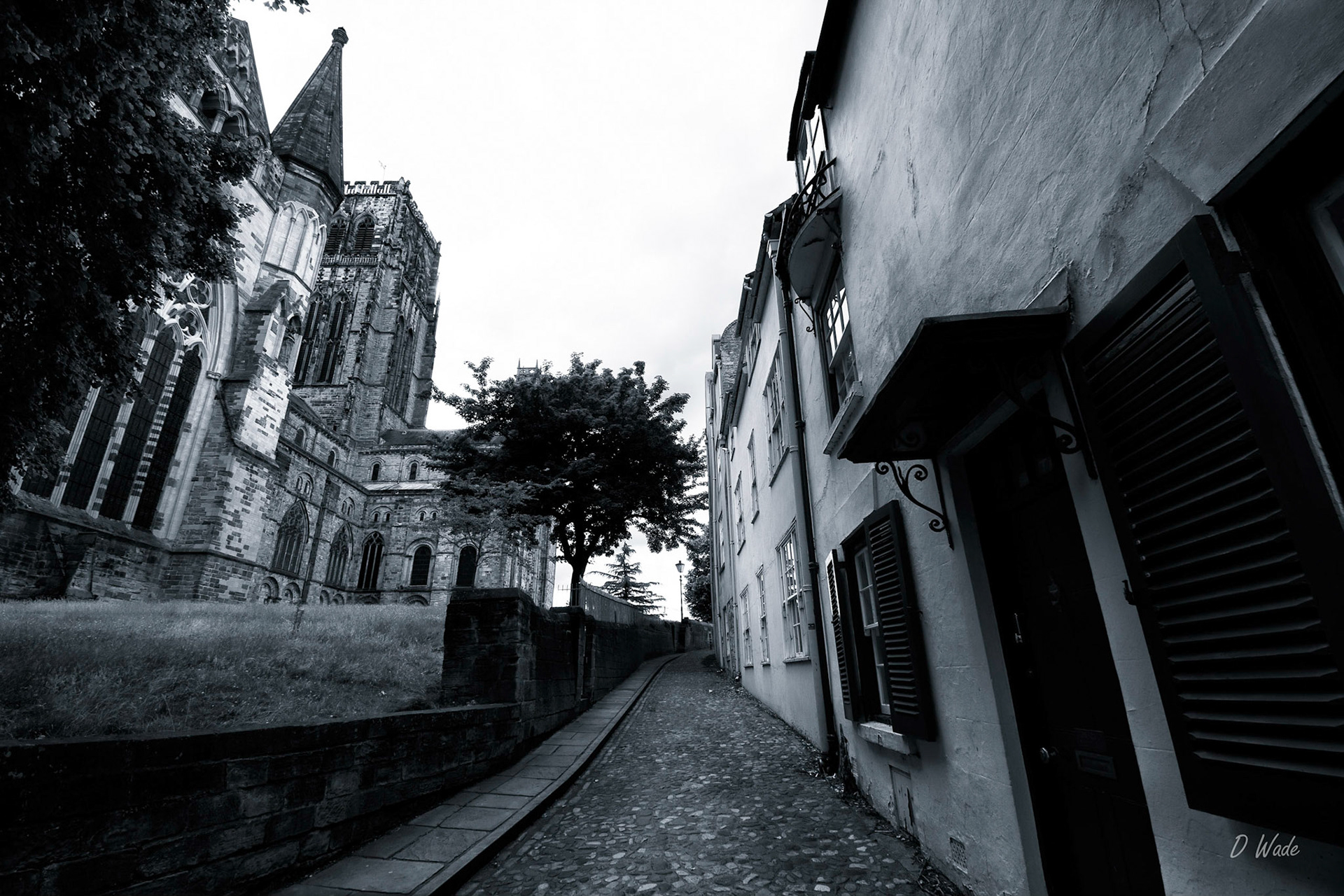 A wide angle shot of Durham Cathedral and nearby Bow Lane.