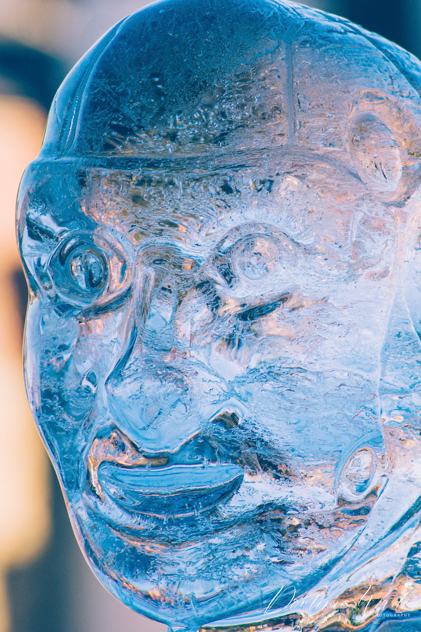 A close-up of the Humanoid ice sculpture. Taken at the Fire and Ice Festival.