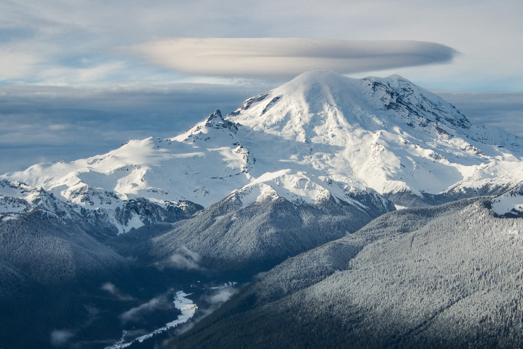 Mount Rainier with Lenticular Cloud and White River Valley