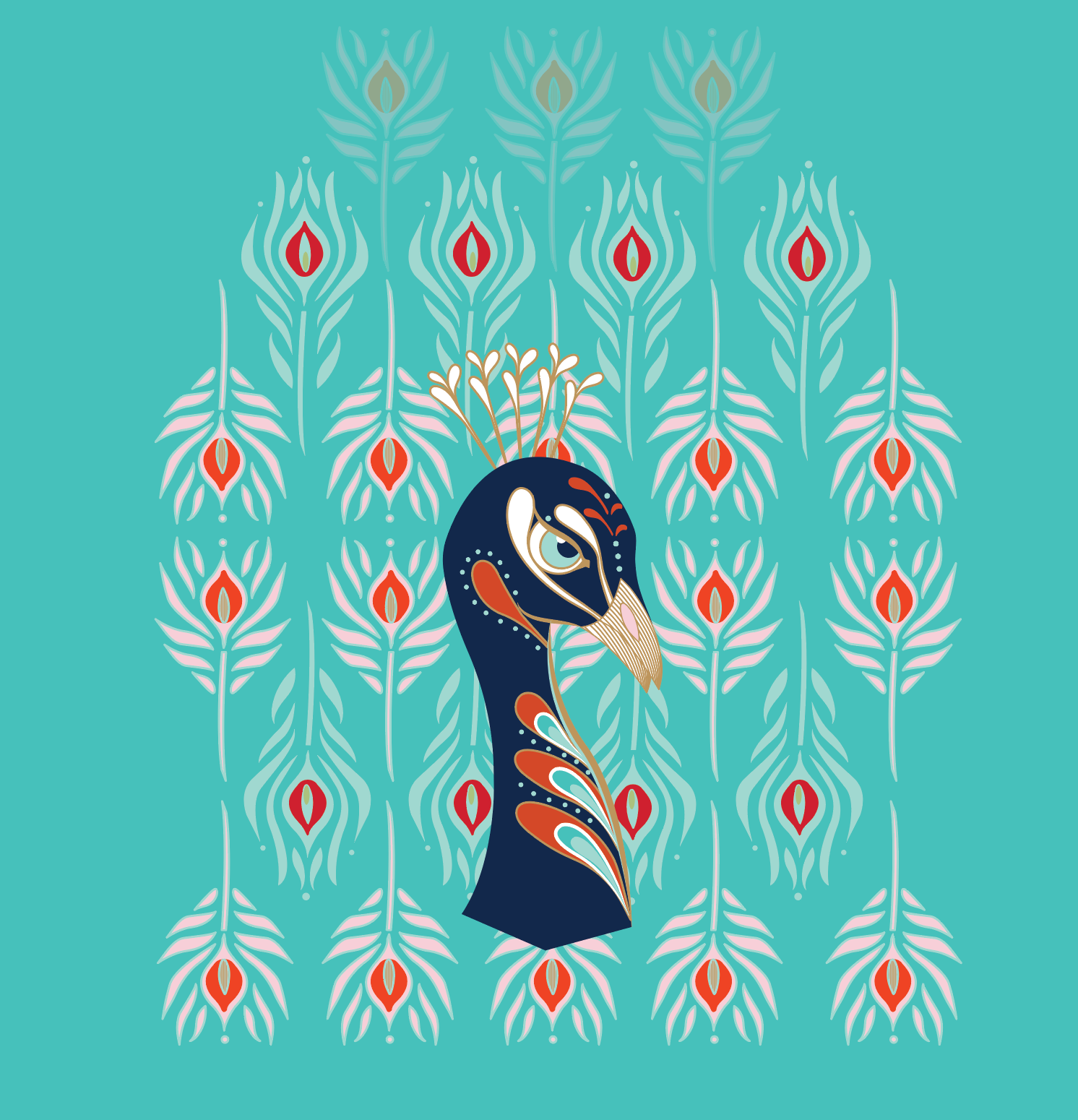 Hand drawn peacock characters for interior graphics.