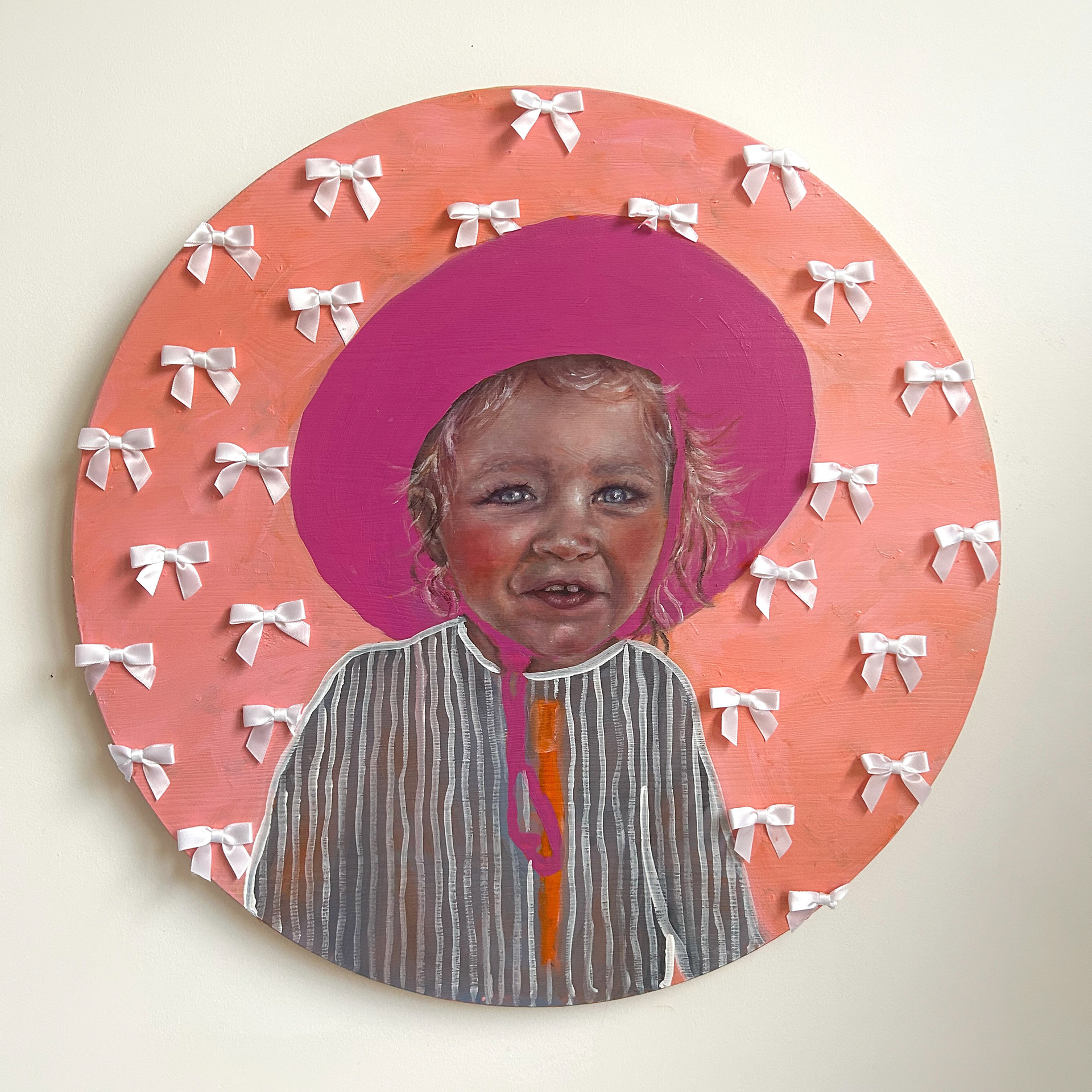 "Layla, 2 Years," 17" acrylic and fabric on wood 2023