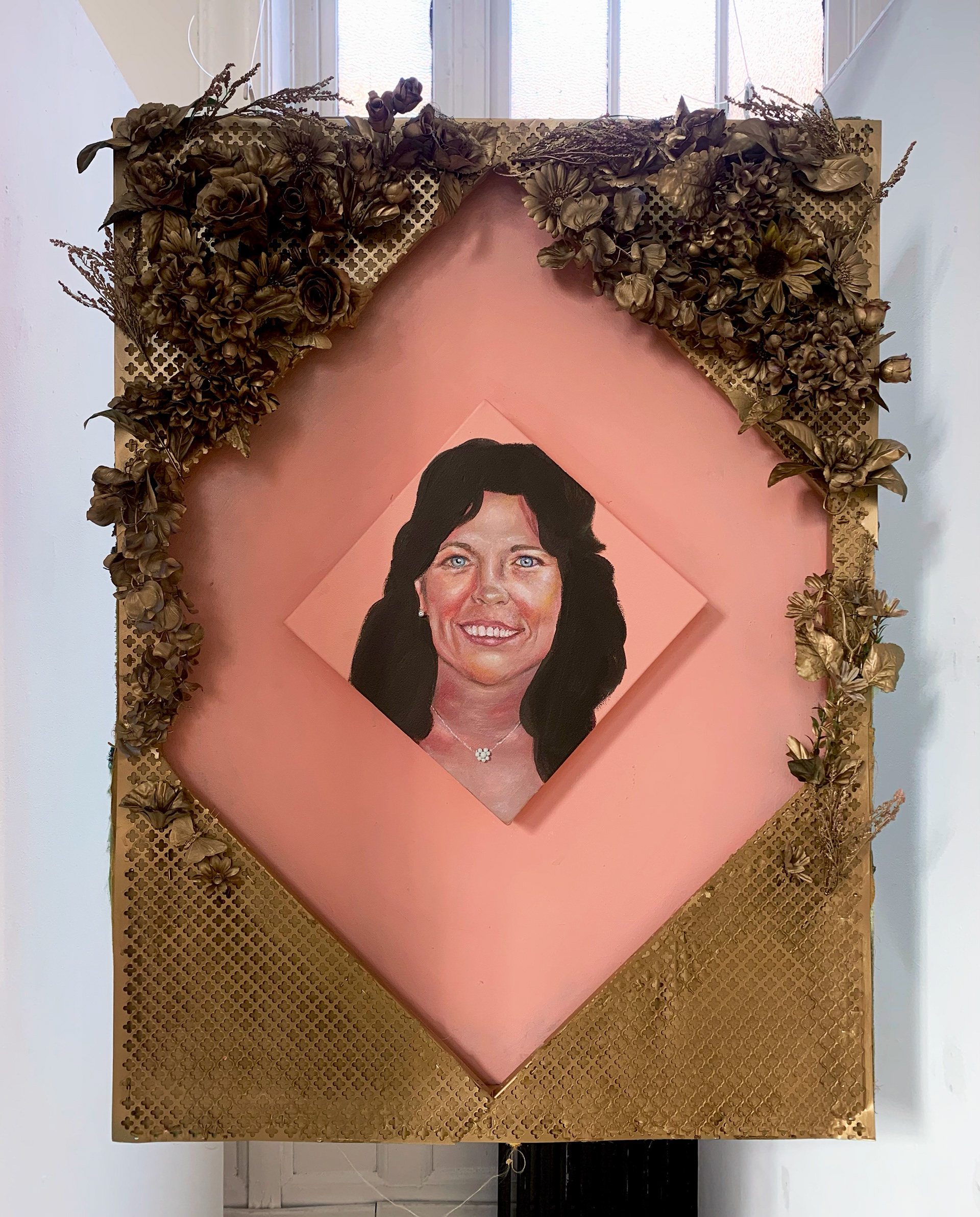 "Nancy From Now On" (Front) 30"x40" Metal, textiles, faux flowers, and acrylic paint on canvas 2021