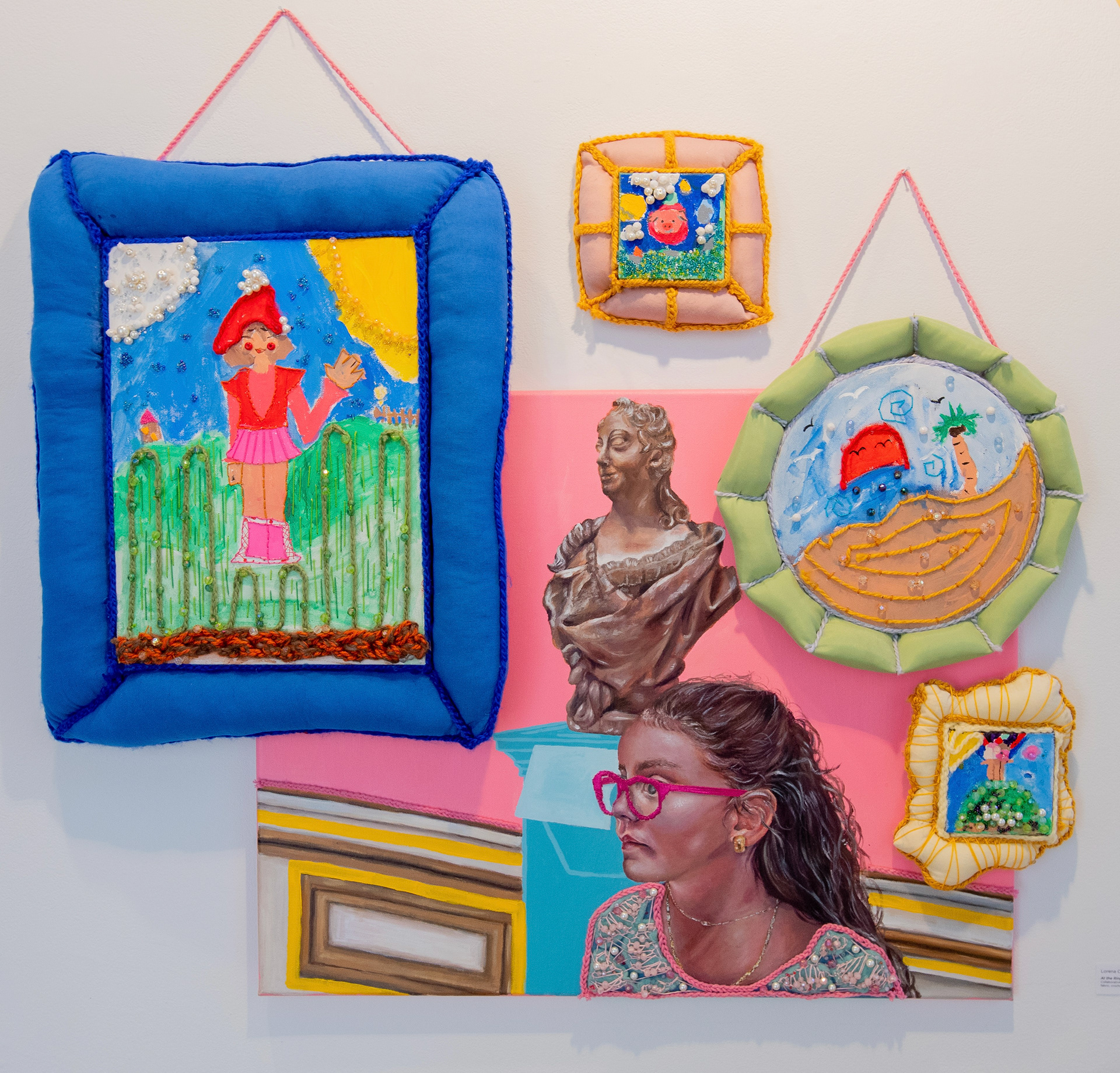 "At the Ringling" (Collaboration with Dalila Williams, age 9), acrylic paint on canvas with fabric, crochet, embroidery, and beading 2023