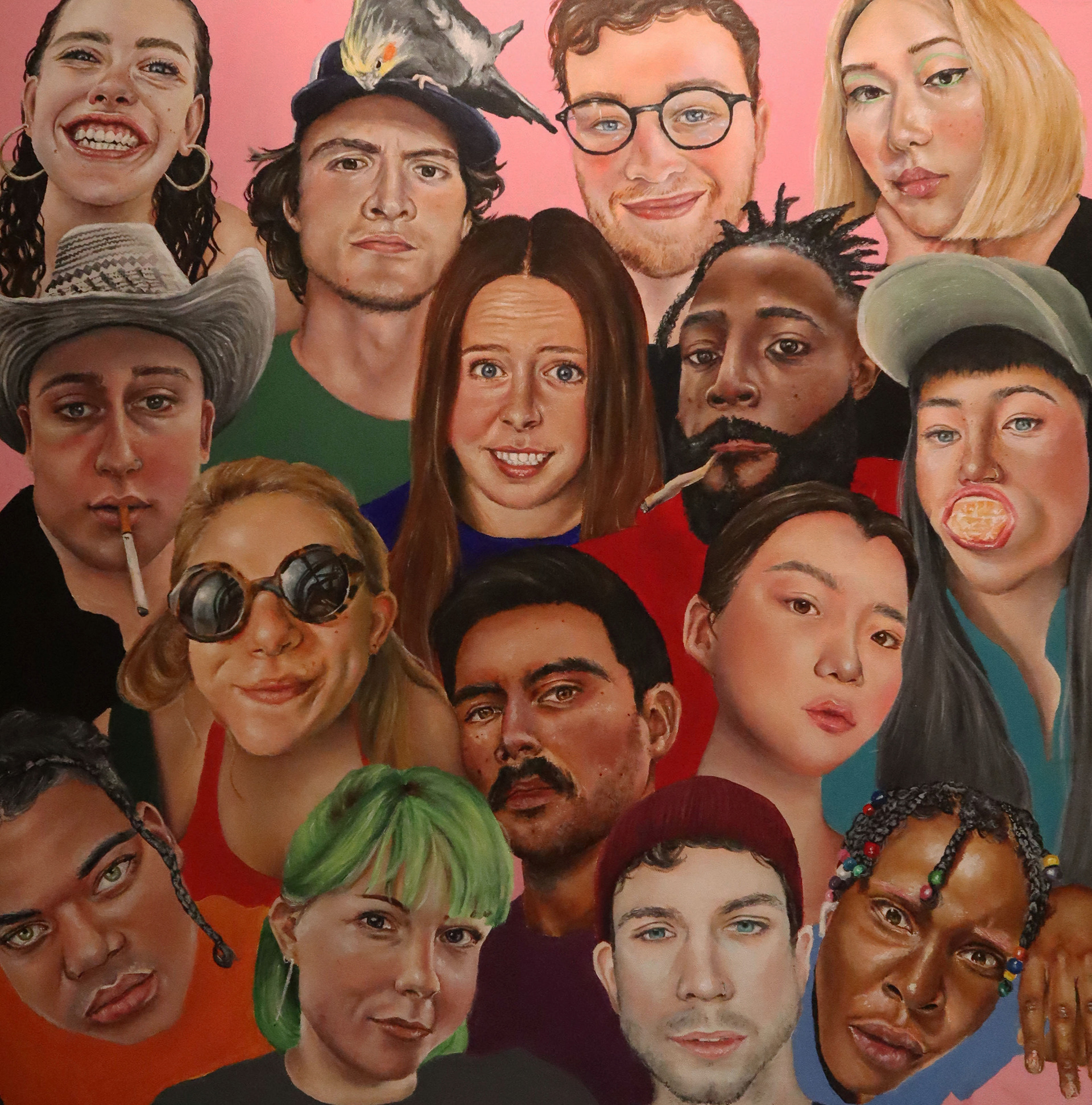 “Future Gay Sugar Mommy Milf and Gemini Cat Dad, Once Got a B+ In Human Sexuality, Terrible Cook, Passionate Musician, Reluctant Banker, Has Meaningless Tattoos and a Long Furby, Wants Friends, Really Into Lists and Underlining: Looking for Same, " 36"x36" Acrylic on Canvas 2021