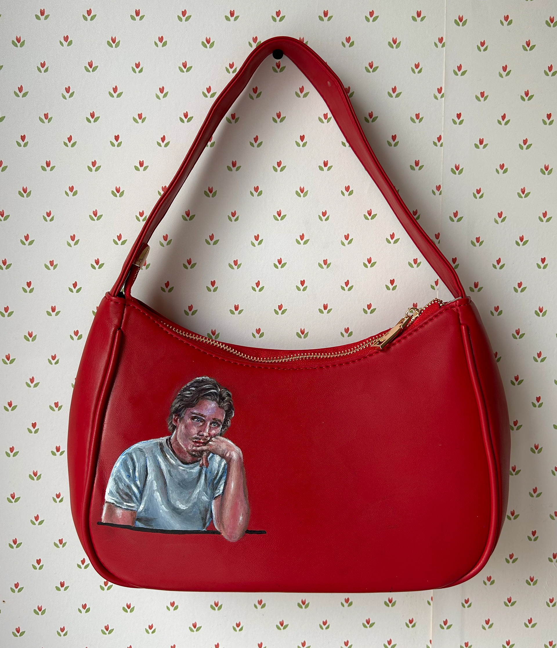 Ethan Hawke in "Before Sunrise" on faux leather bag, acrylic and clear acrylic leather finisher, 2024