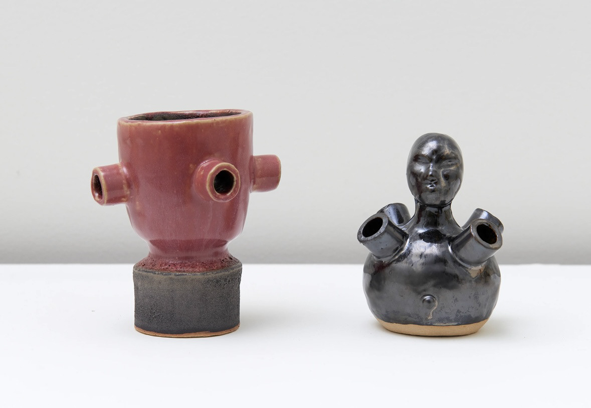L: Pink Chalice,  (2023),  4.5 x 4.5 x 4.8 in. Ceramics R: Little Port, (2023), 3.75 x 2.75 x 4.5 in. Ceramics