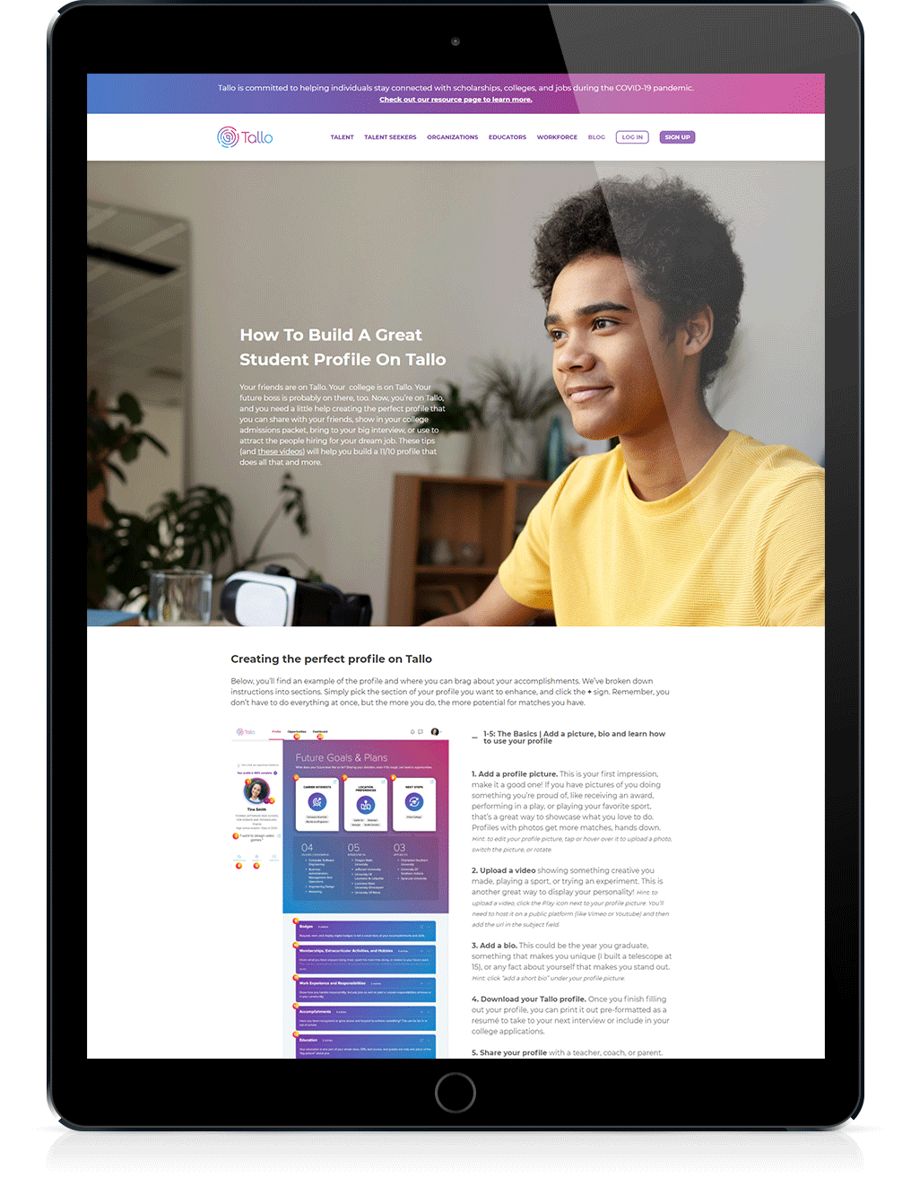 Landing Page Design | How to build a Great Student Profile | https://tallo.com/build-student-profile/