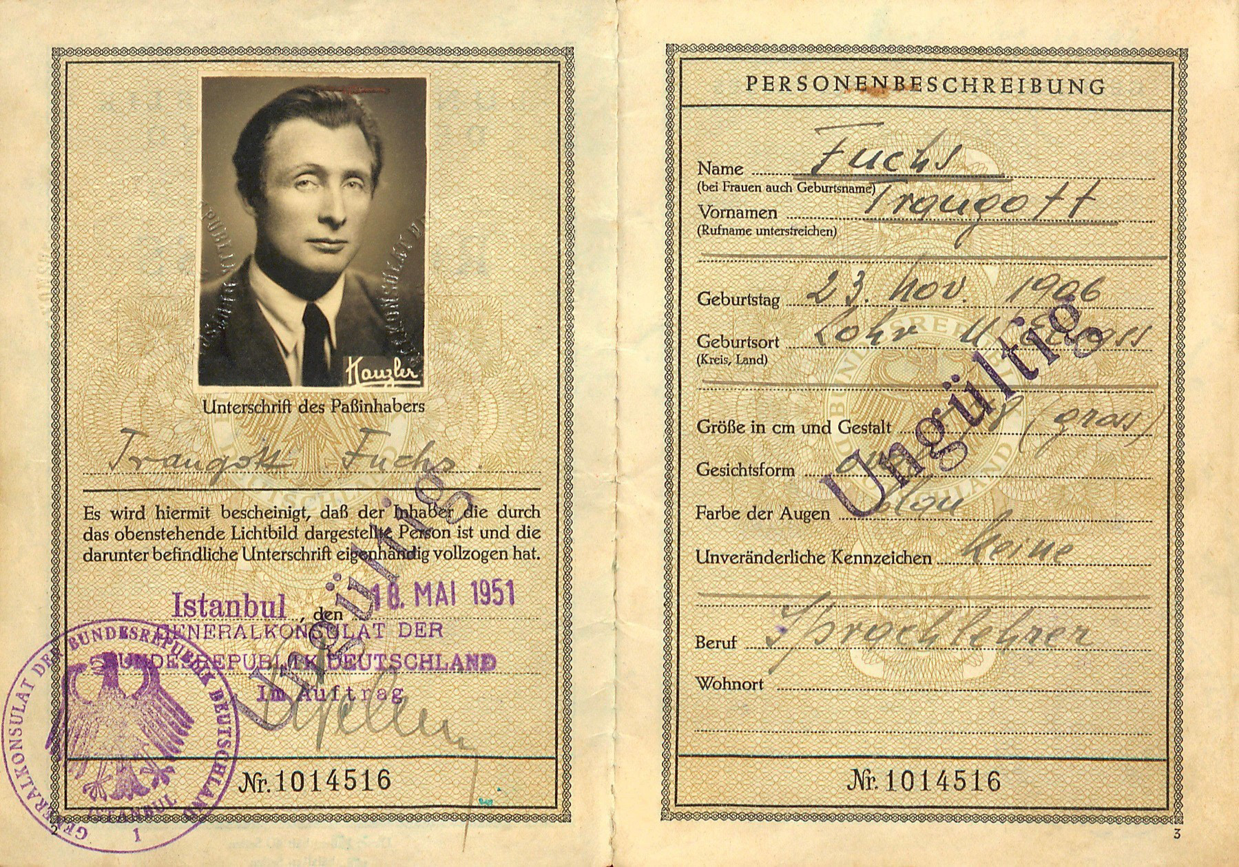Passport of Traugott Fuchs issued in Turkey in 1951 Source: Archive of Boğaziçi Üniversitesi, https://bogaziciarsivleri.bogazici.edu.tr/en/exhibition/fuchs.php